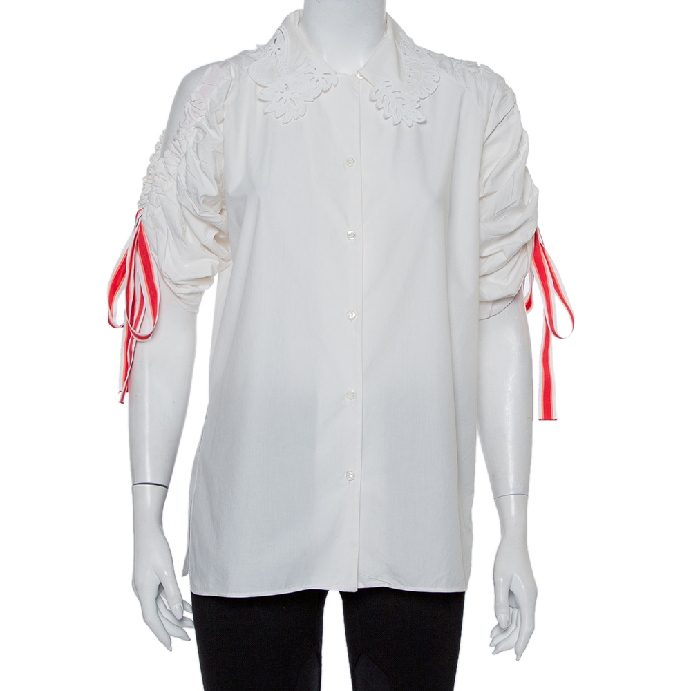 Fendi White Cotton Drawstring Detail Cold Shoulder Cutwork Collared Shirt S
