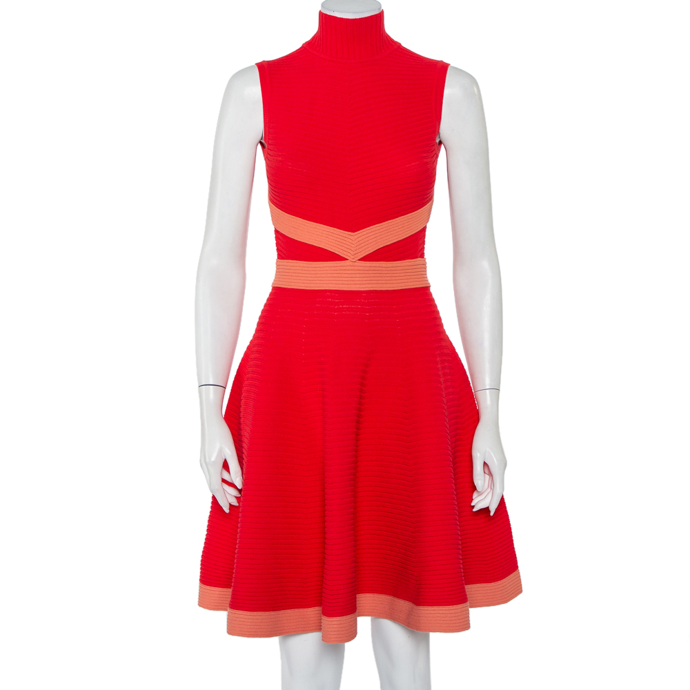 Fendi Red Rib Knit Contrast Trim High Neck Sleeveless Skater Dress S