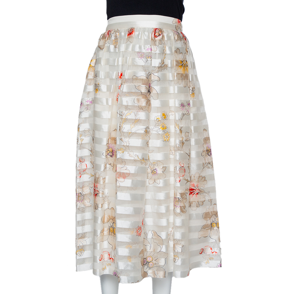 Fendi Off White Striped Blooming Printed Silk Midi Skirt M