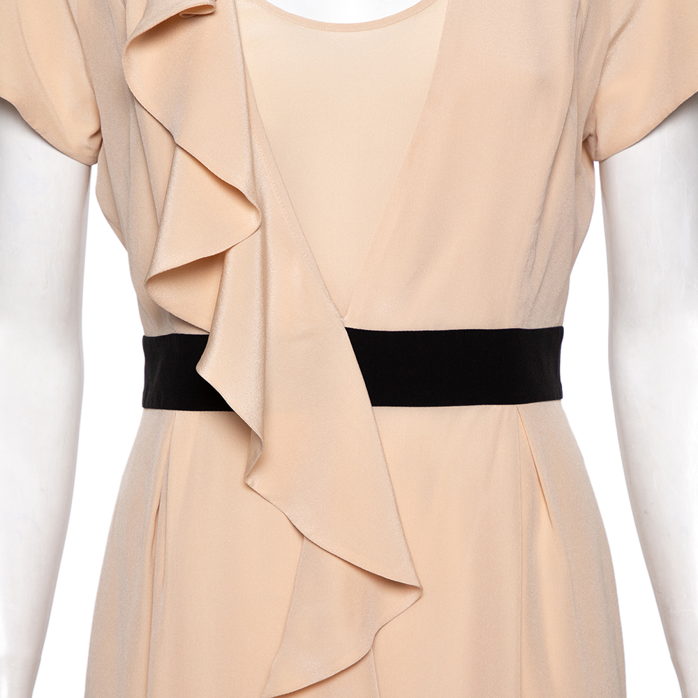 Fendi Beige Silk Contrast Detail Ruffled Midi Dress M