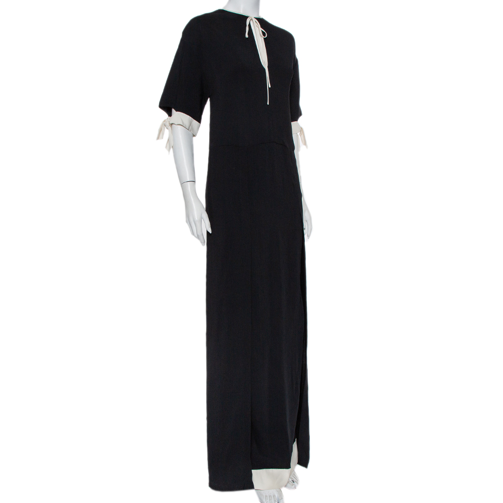 Fendi Black Crepe Contrast Trim Front Slit Detail Long Dress M