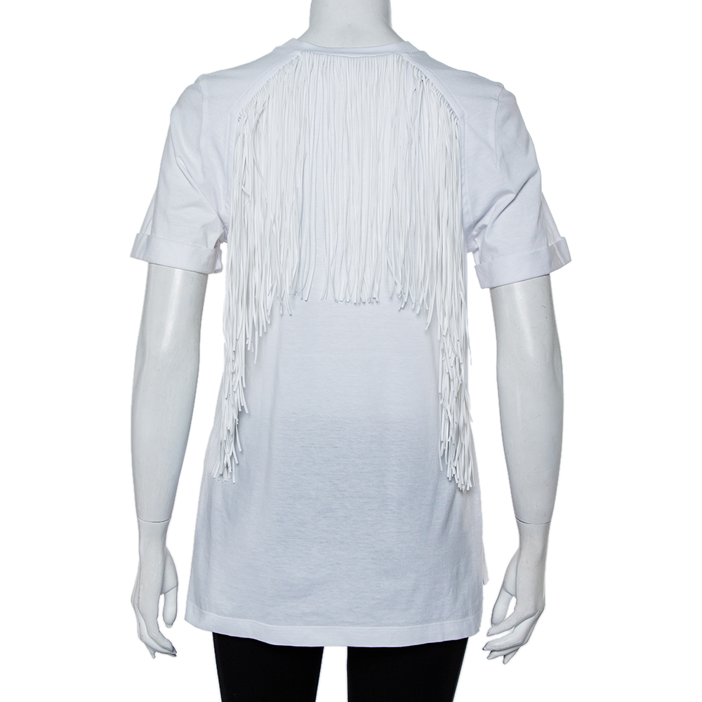 Fendi White Sequin Embellished Logo Embroidered Cotton Fringed Detail T Shirt XXS