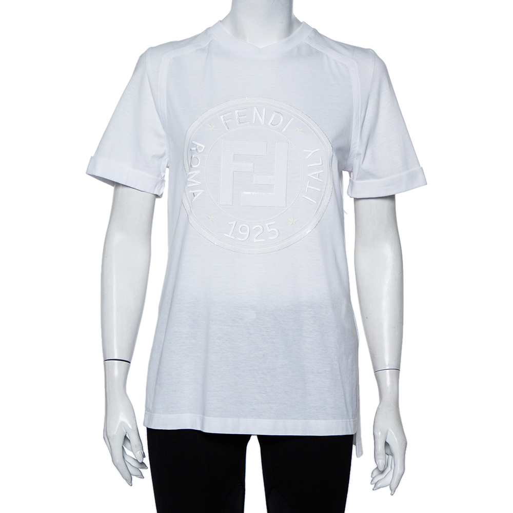 Fendi White Sequin Embellished Logo Embroidered Cotton Fringed Detail T Shirt XXS