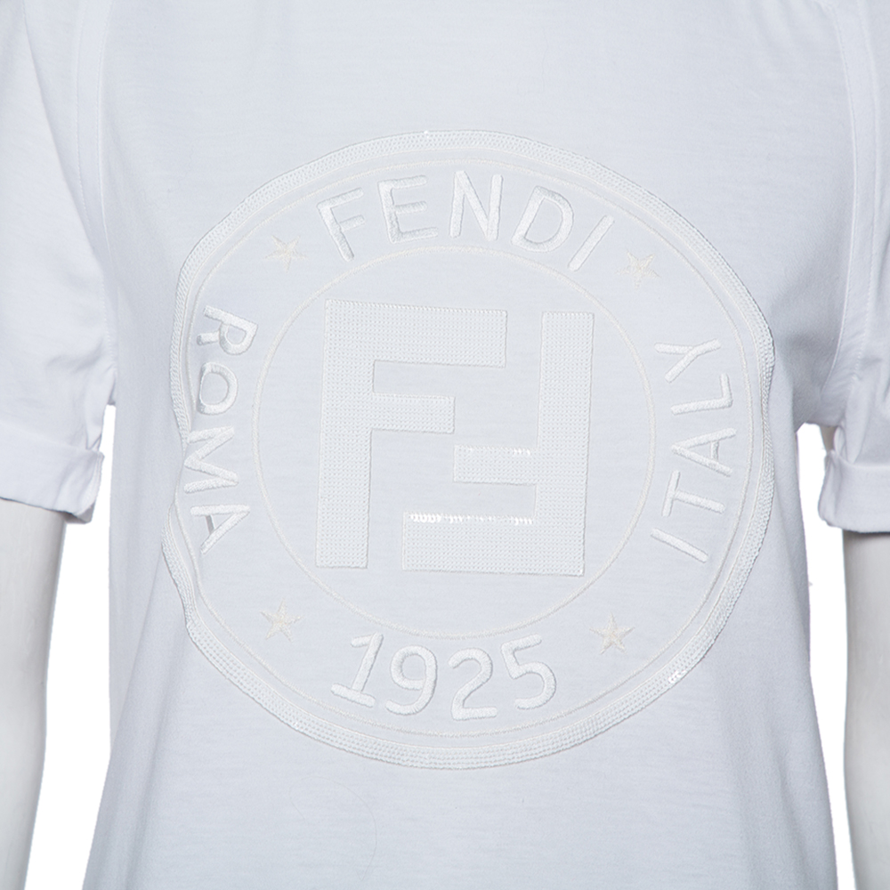 Fendi White Sequin Embellished Logo Embroidered Cotton Fringed Detail T Shirt XXS