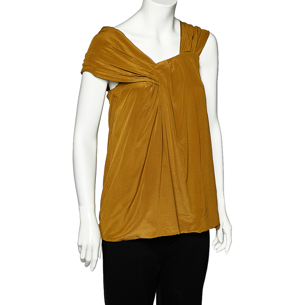 Fendi Olive Green Silk Draped Sleeve Detail Top M