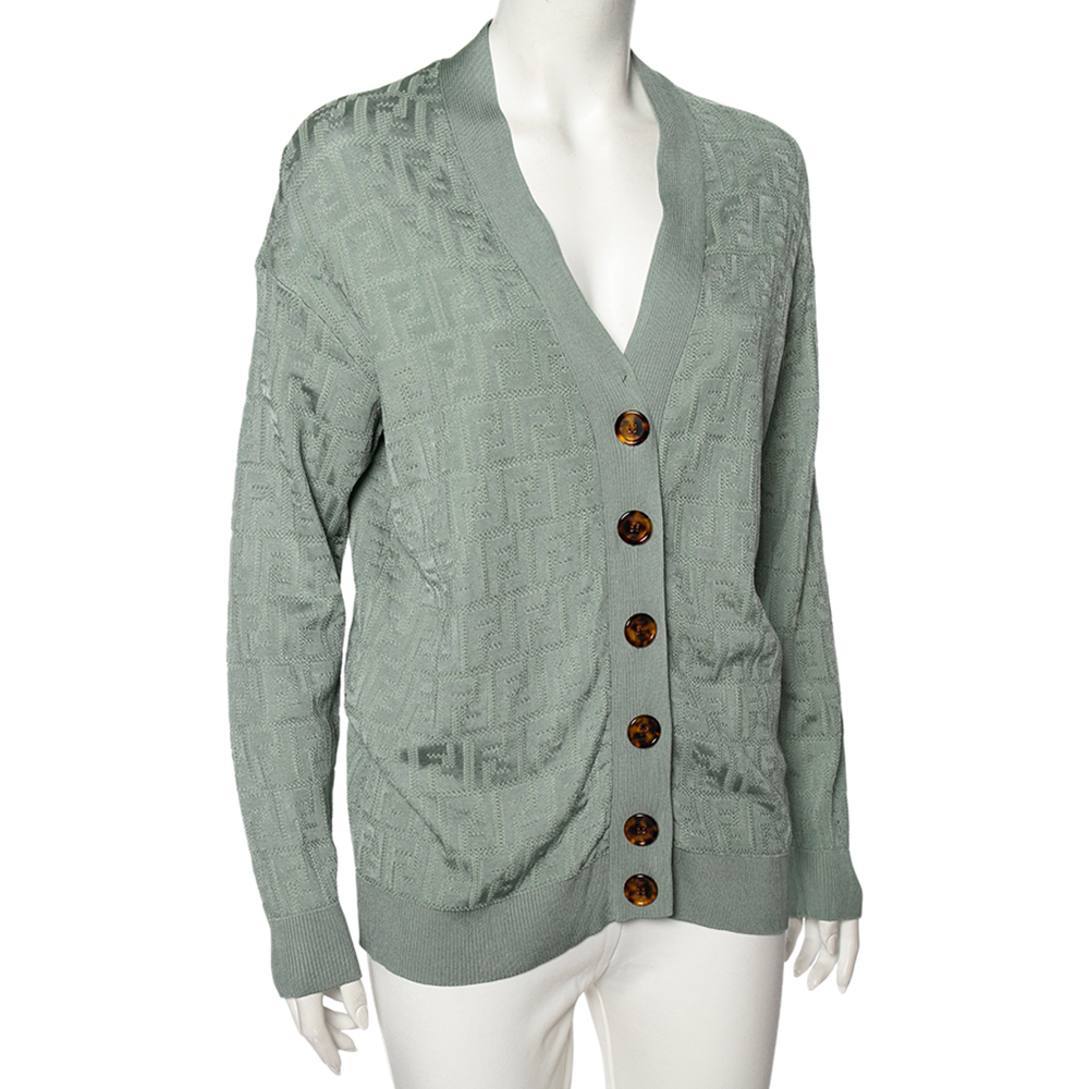 

Fendi Mint Green FF Motif Embossed Knit Button Front Cardigan