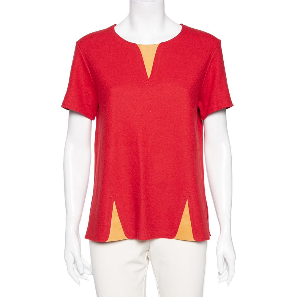 Fendi Red Wool & Leather Inset Detailed Short Sleeve Top S