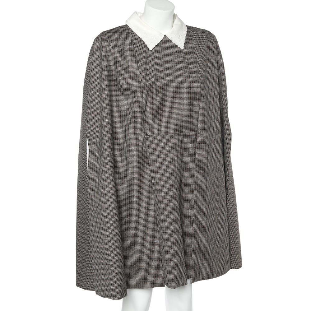 Fendi Brown Microcheck Wool Contrast Collar Cape Sleeve Detail Mini Dress M