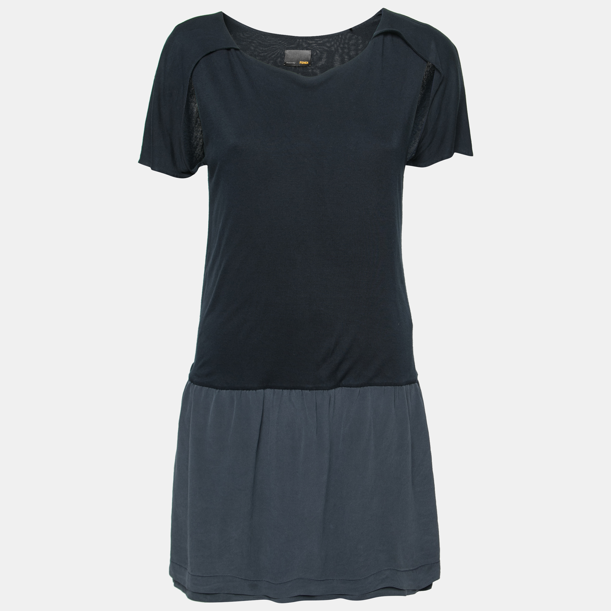 Fendi Navy Blue Jersey & Silk Cut-Out Sleeve Detailed Dress S