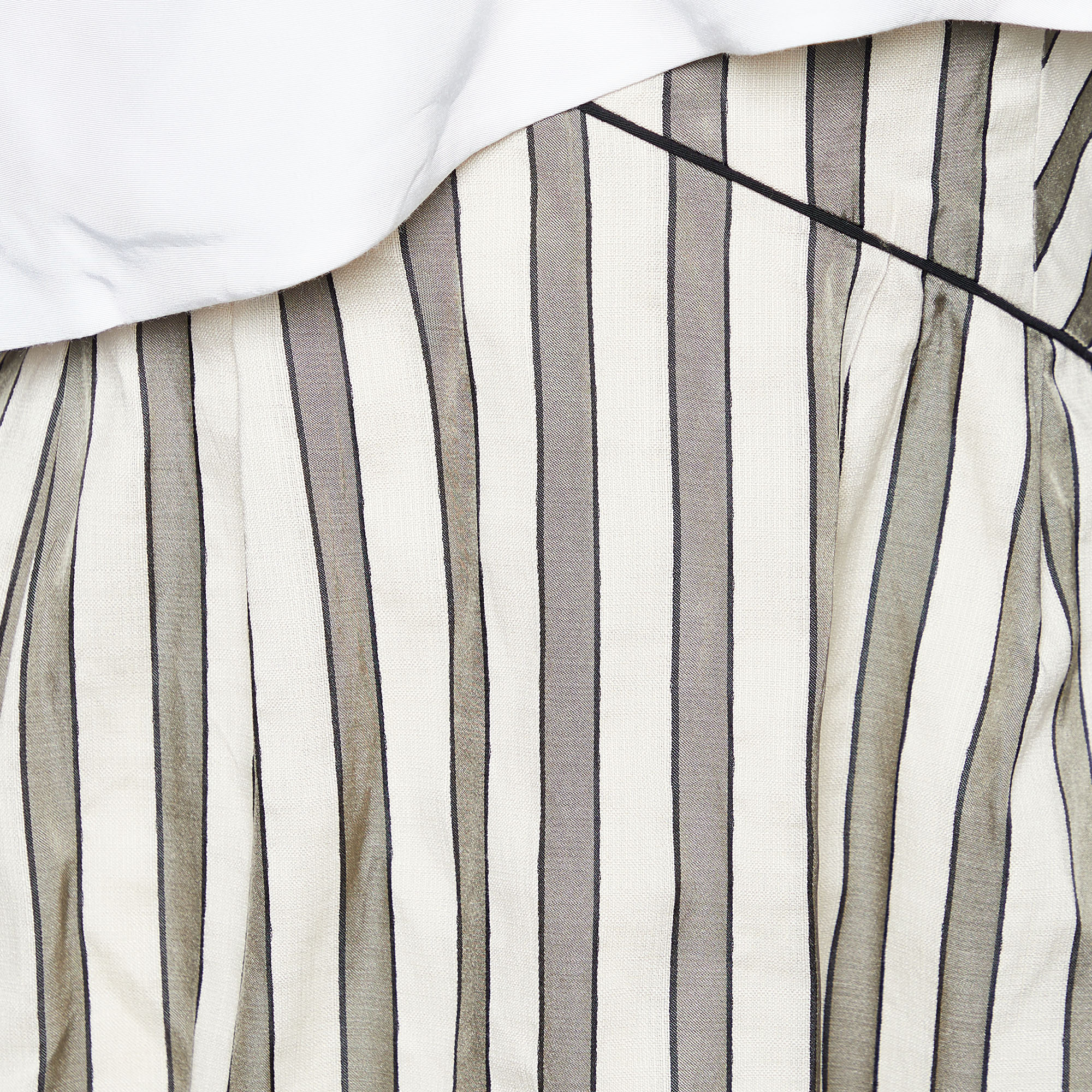 Fendi Cream & Green Striped Cotton Silk Overlay Detail Mini Dress S