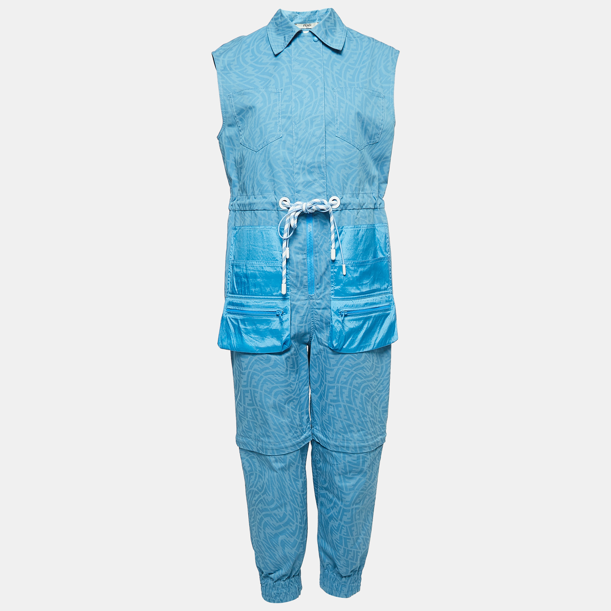 Fendi blue vertigo print cotton drawstring waist sleeveless jumpsuit s