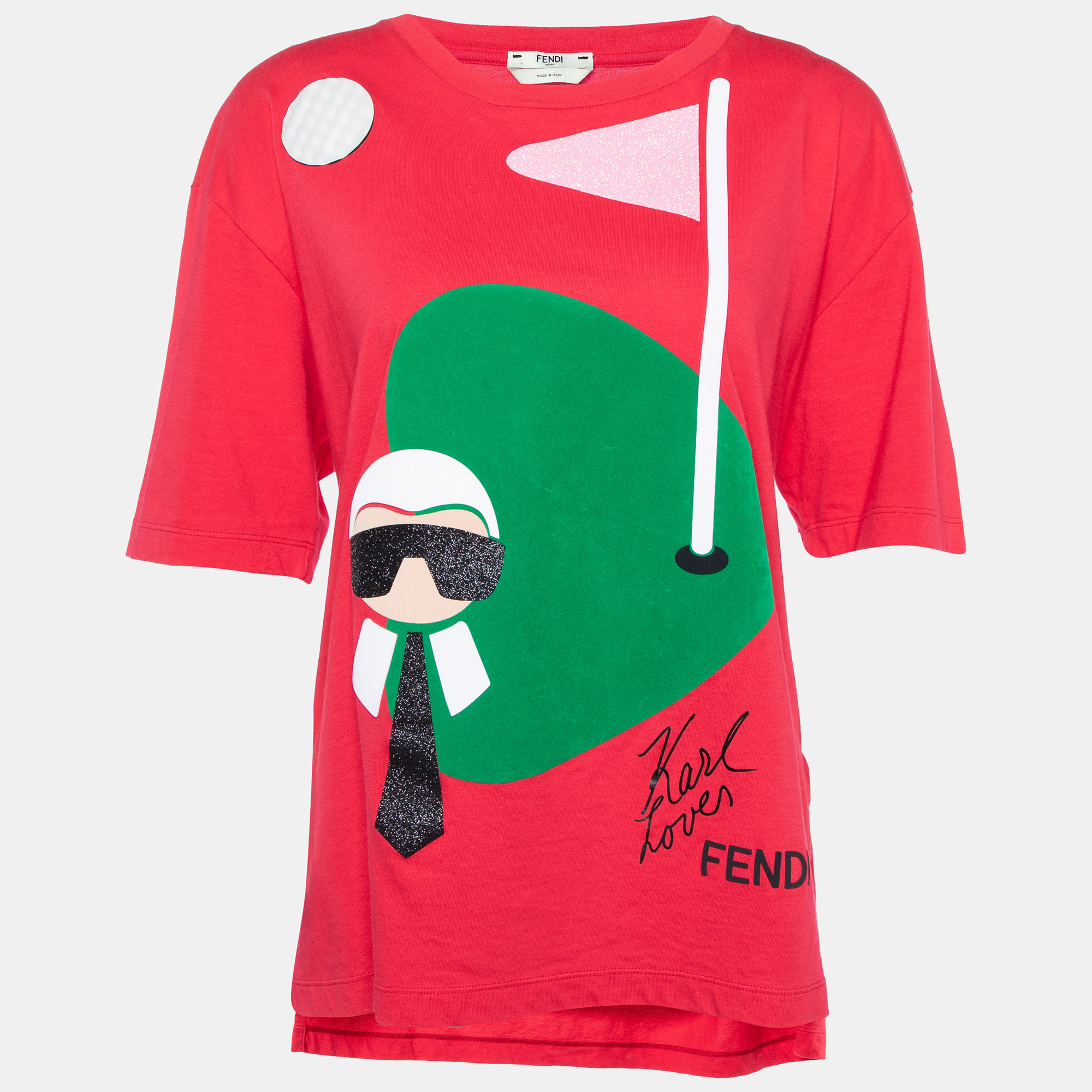 Fendi Red Karl Loves Golf Logo Detail Cotton Knit Oversized T-Shirt L