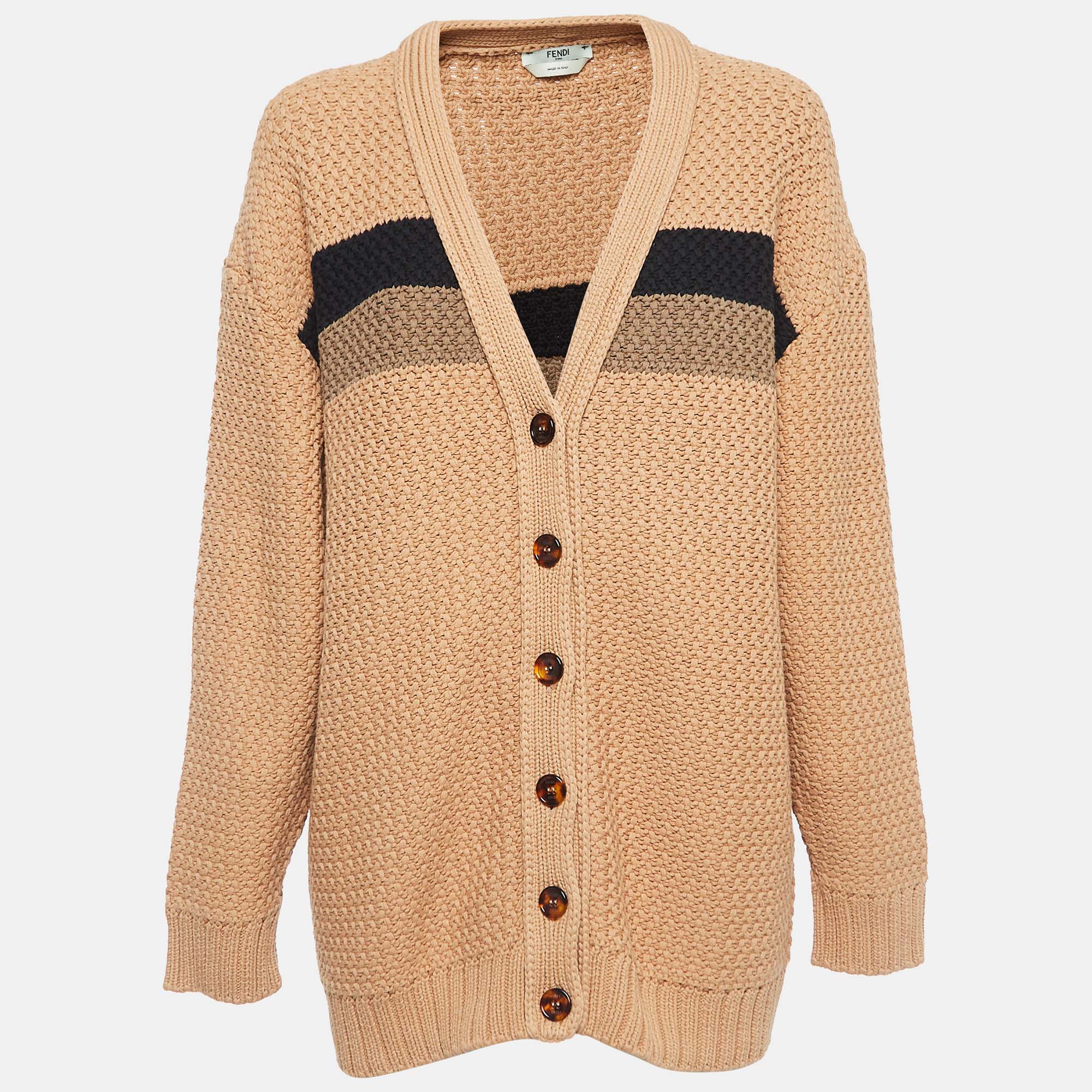 Fendi Light Brown Striped Knit Buttoned Cardigan S