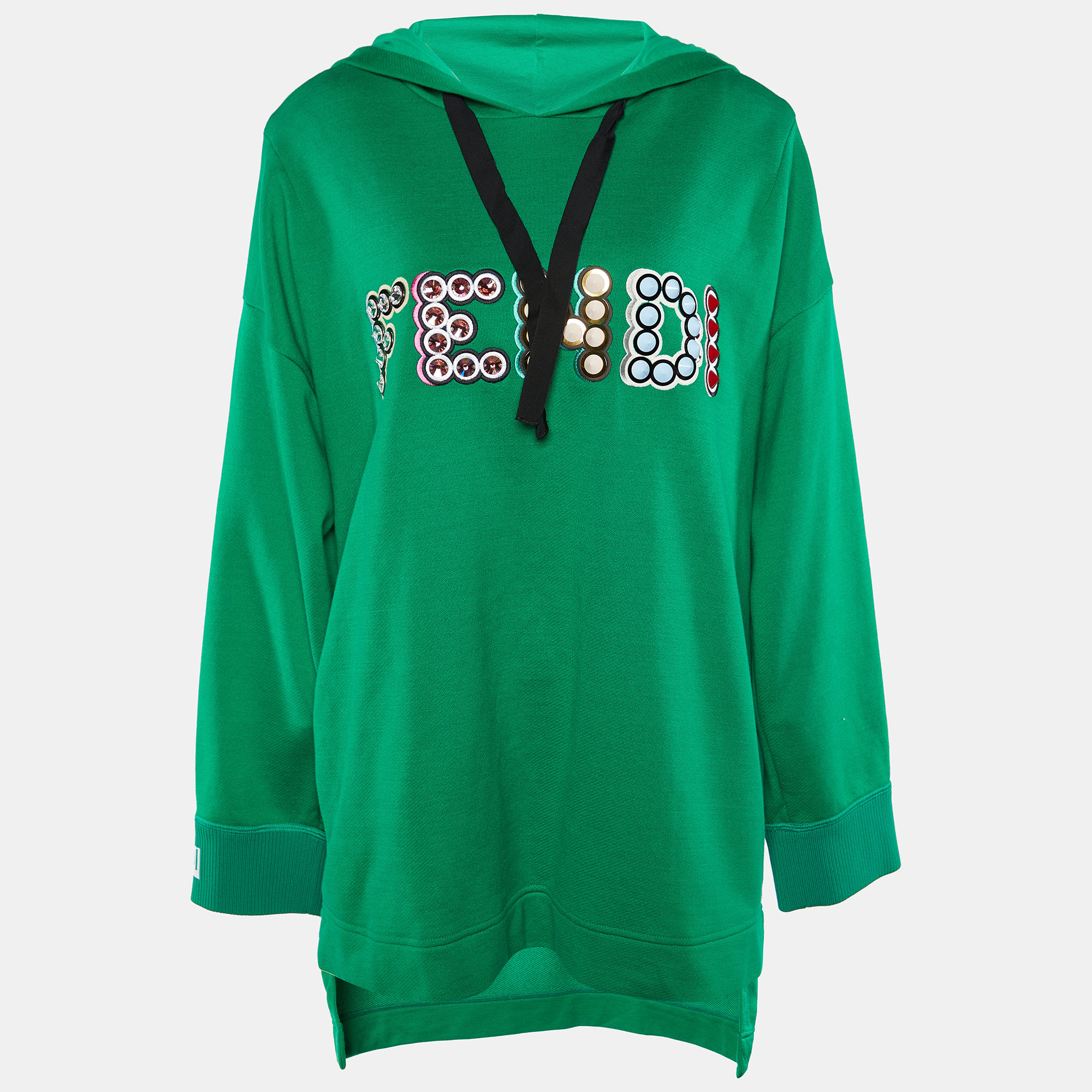 Fendi Green Cotton Jersey Studded Logo Hoodie L