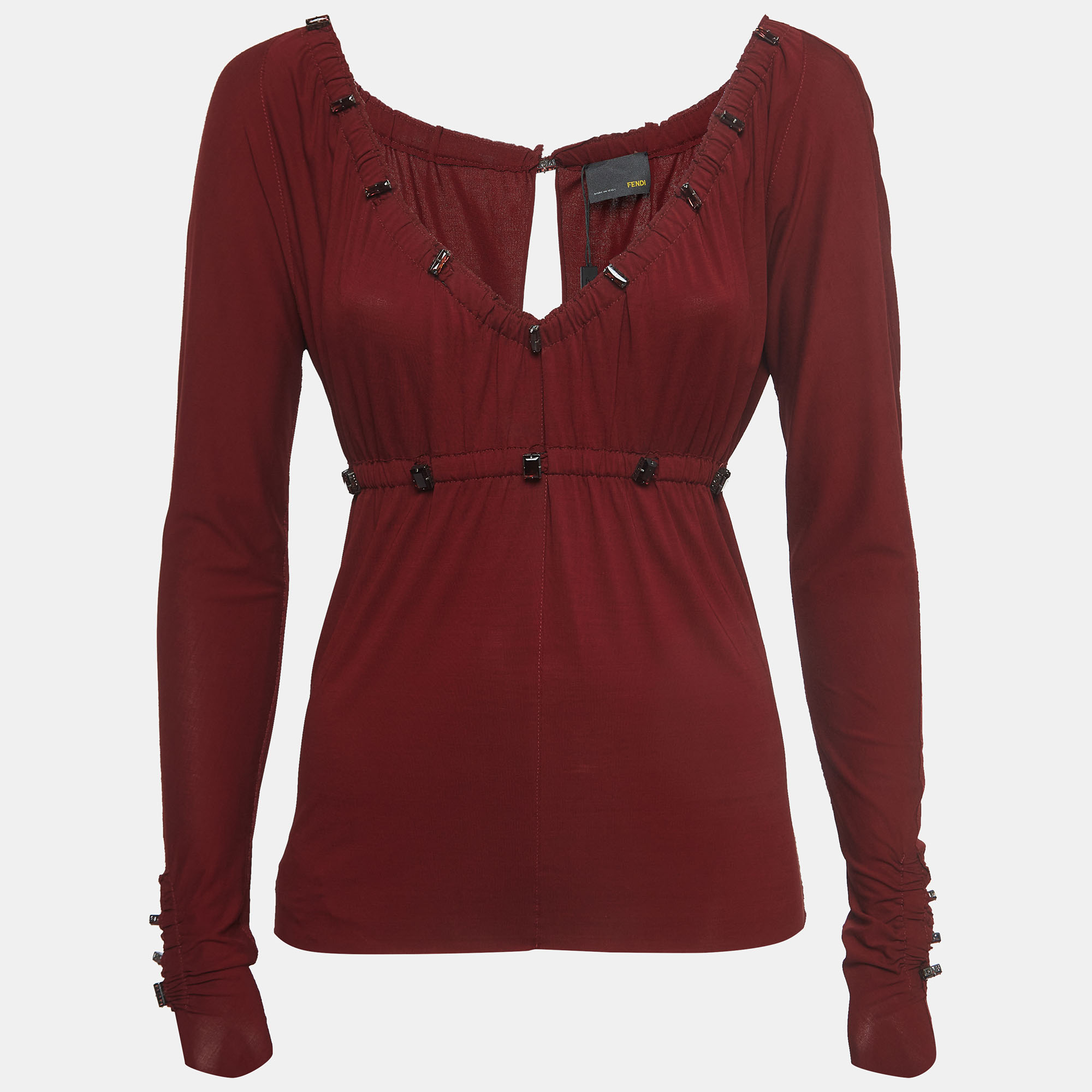 Fendi burgundy crystal embellished jersey cinched waist blouse s