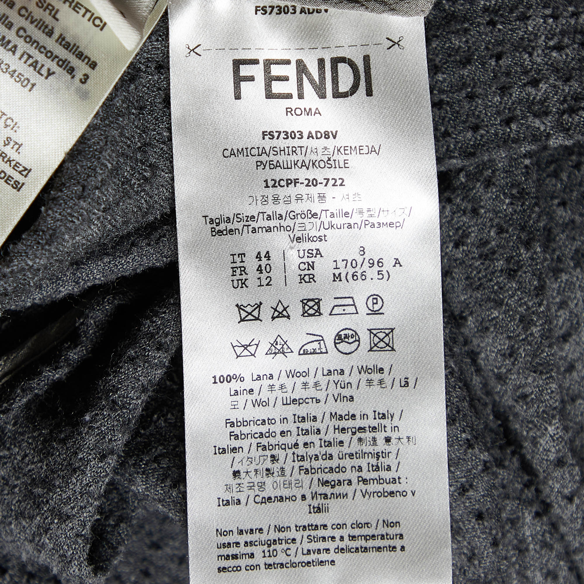 Fendi Grey Perforated Wool Short Sleeve Shirt M