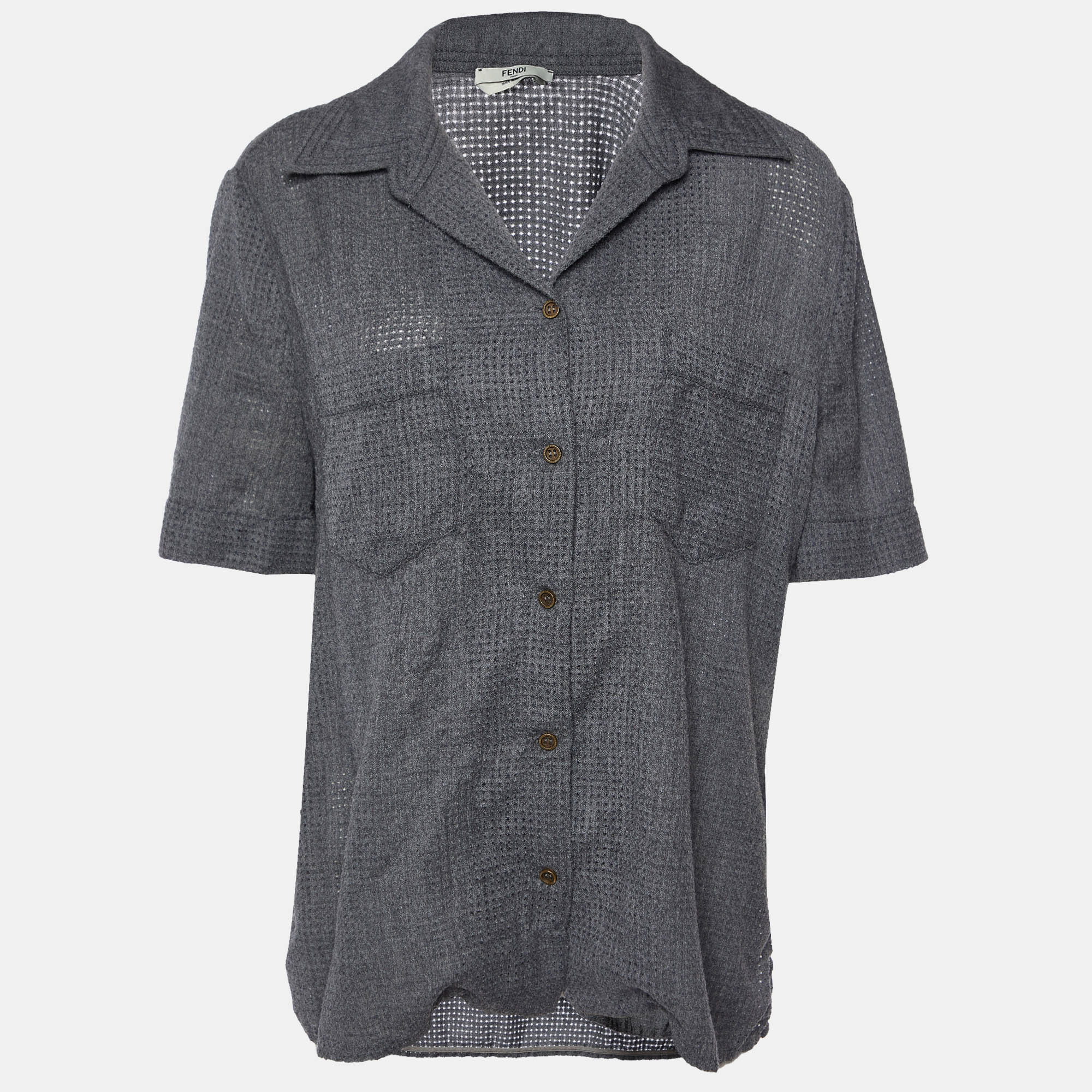 Fendi grey perforated wool short sleeve shirt m