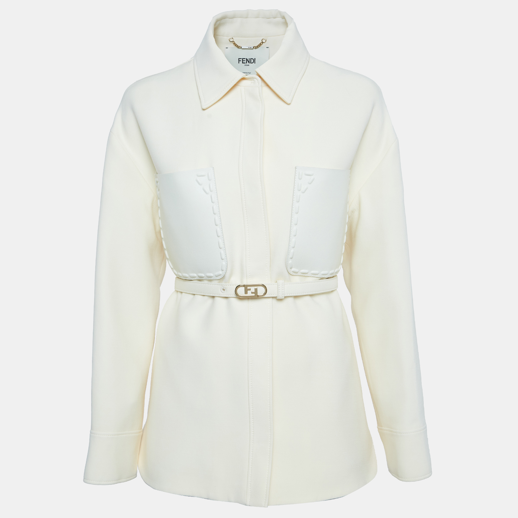 Fendi off white leather trim wool belted go-to jacket s