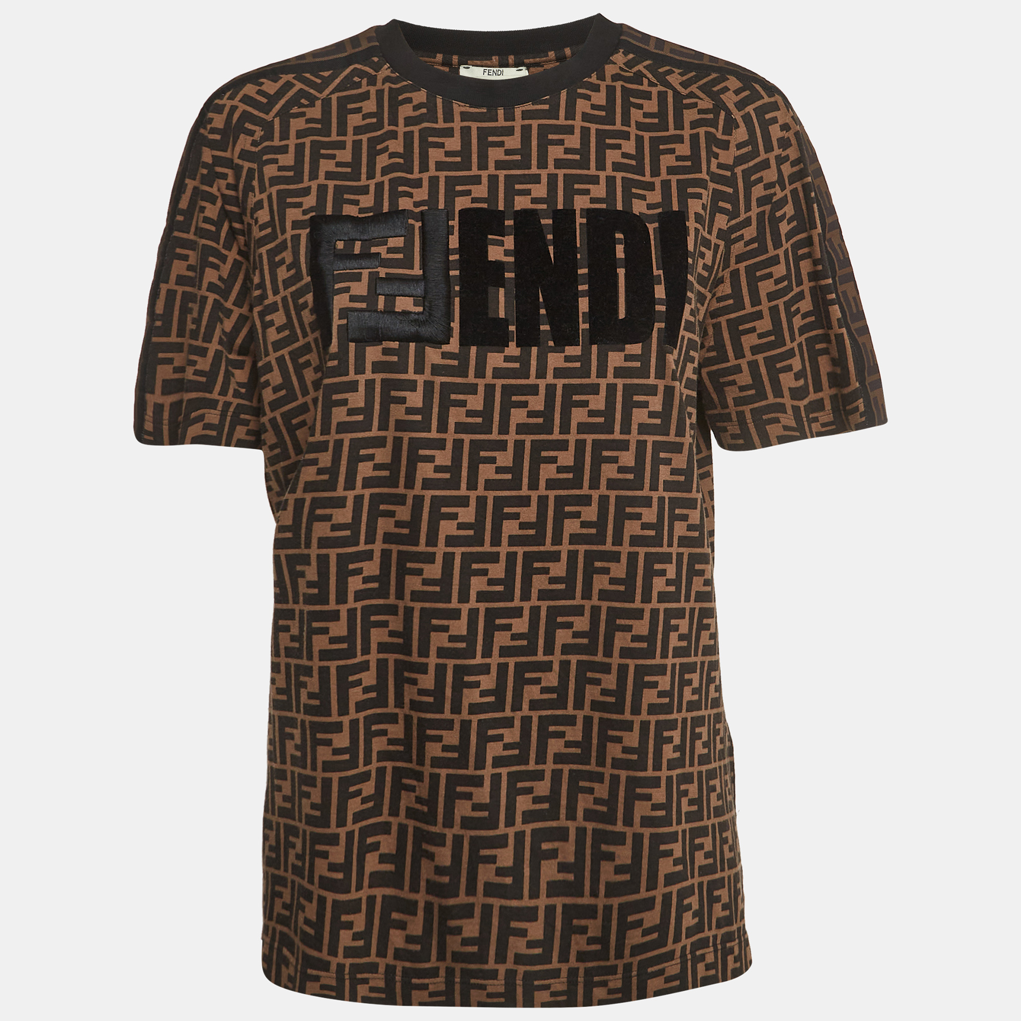 Fendi brown logo printed cotton embroidered crewneck t-shirt m
