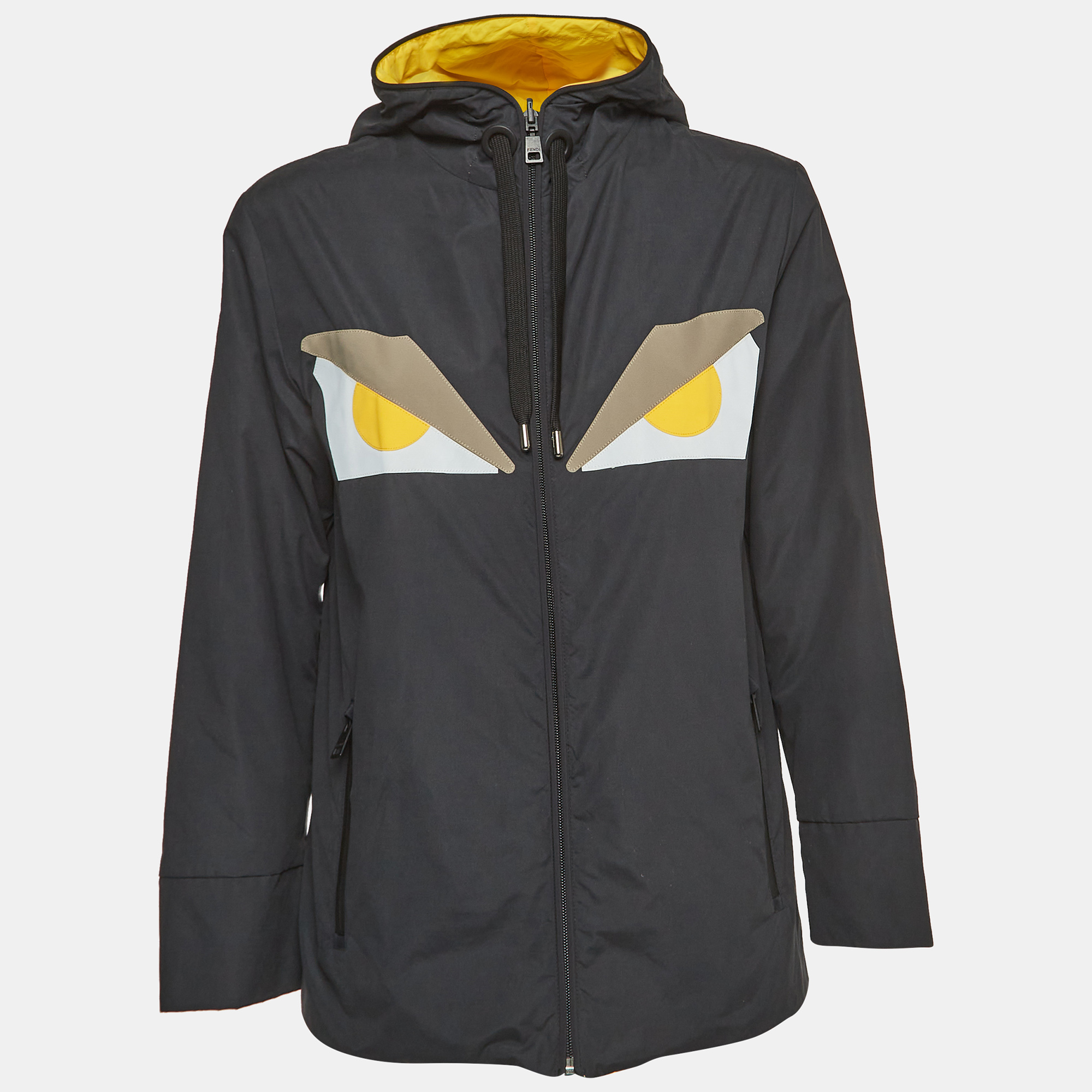 Fendi grey/yellow eyes applique synthetic reversible hooded jacket s