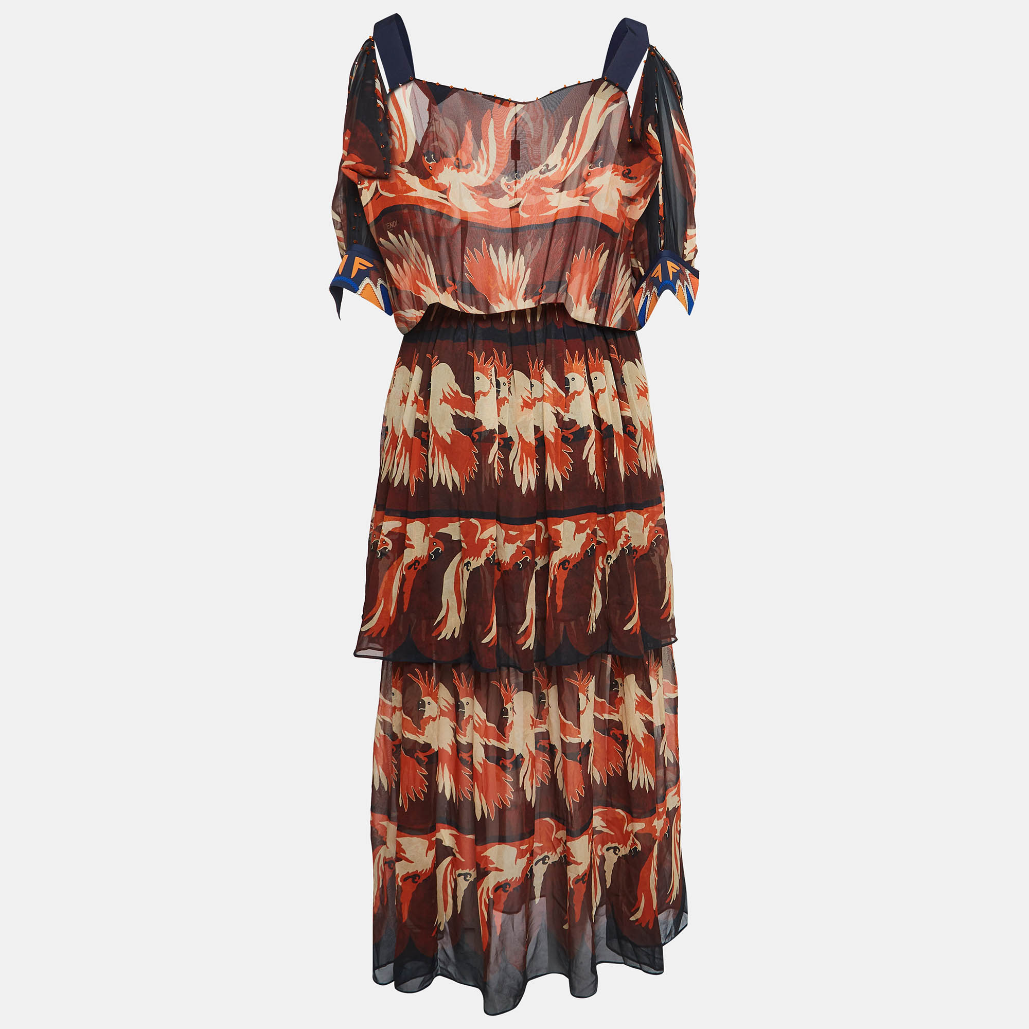 

Fendi Multicolor Parakeet Print Silk Embellished Tiered Maxi Dress