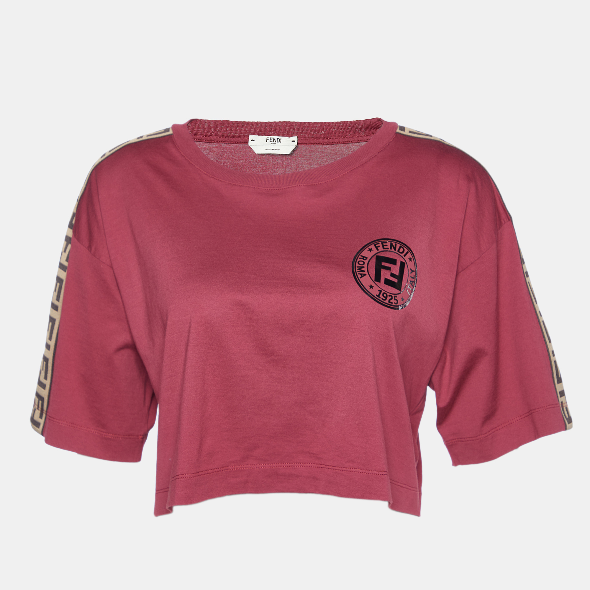 Fendi maroon logo print cotton crew neck cropped t-shirt s