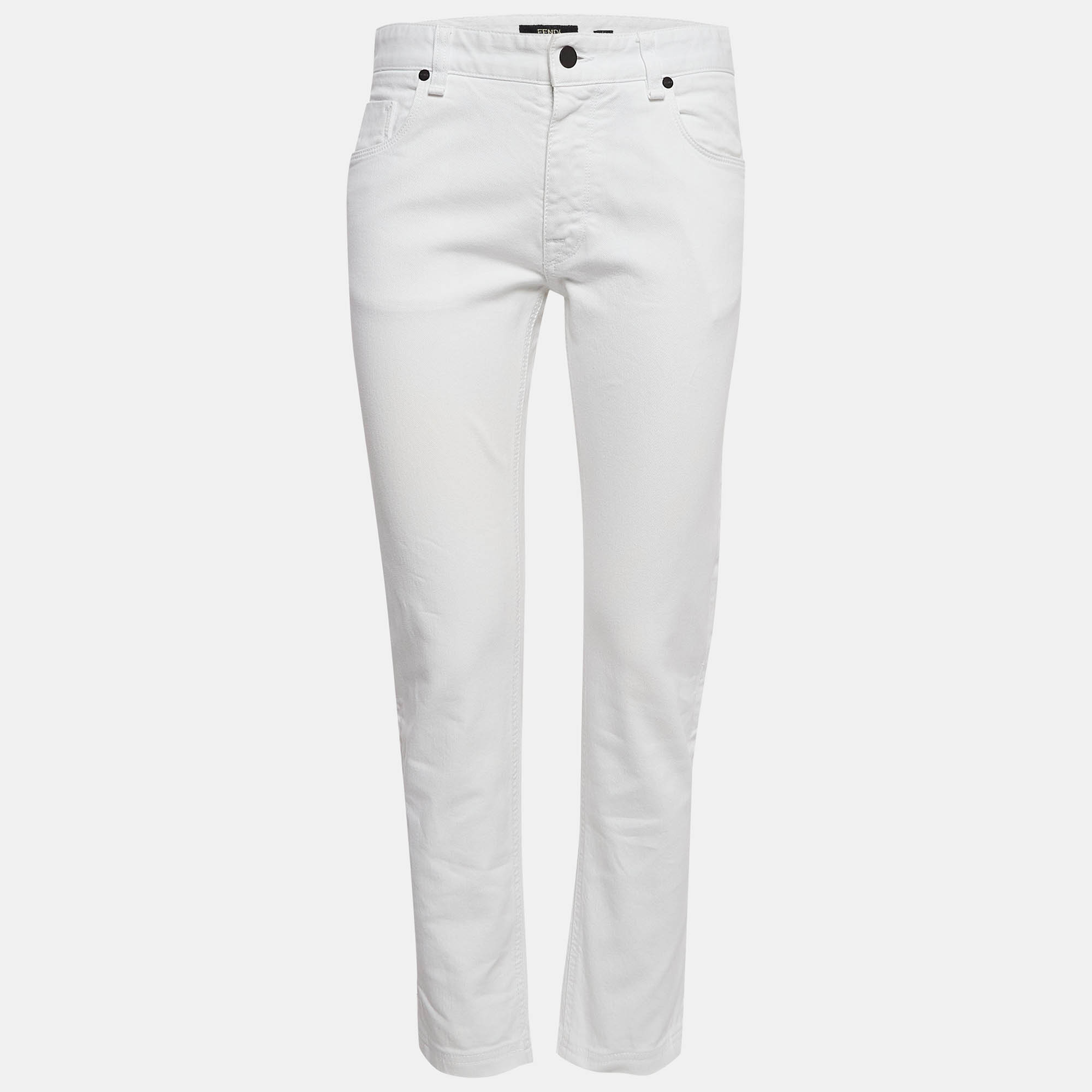 Fendi white denim logo printed jeans l waist 31"