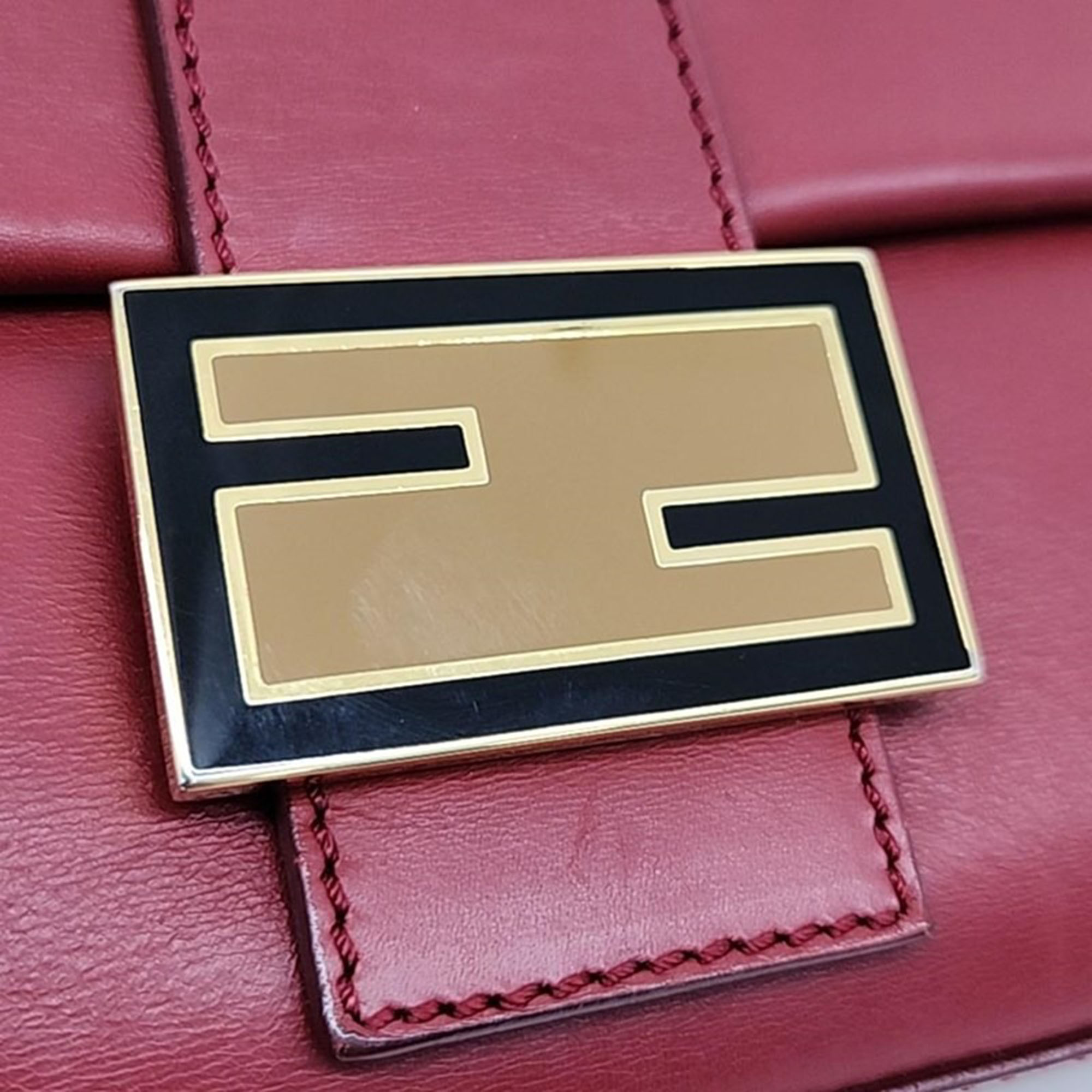 Fendi Red Leather Baguette Top Handle Bag