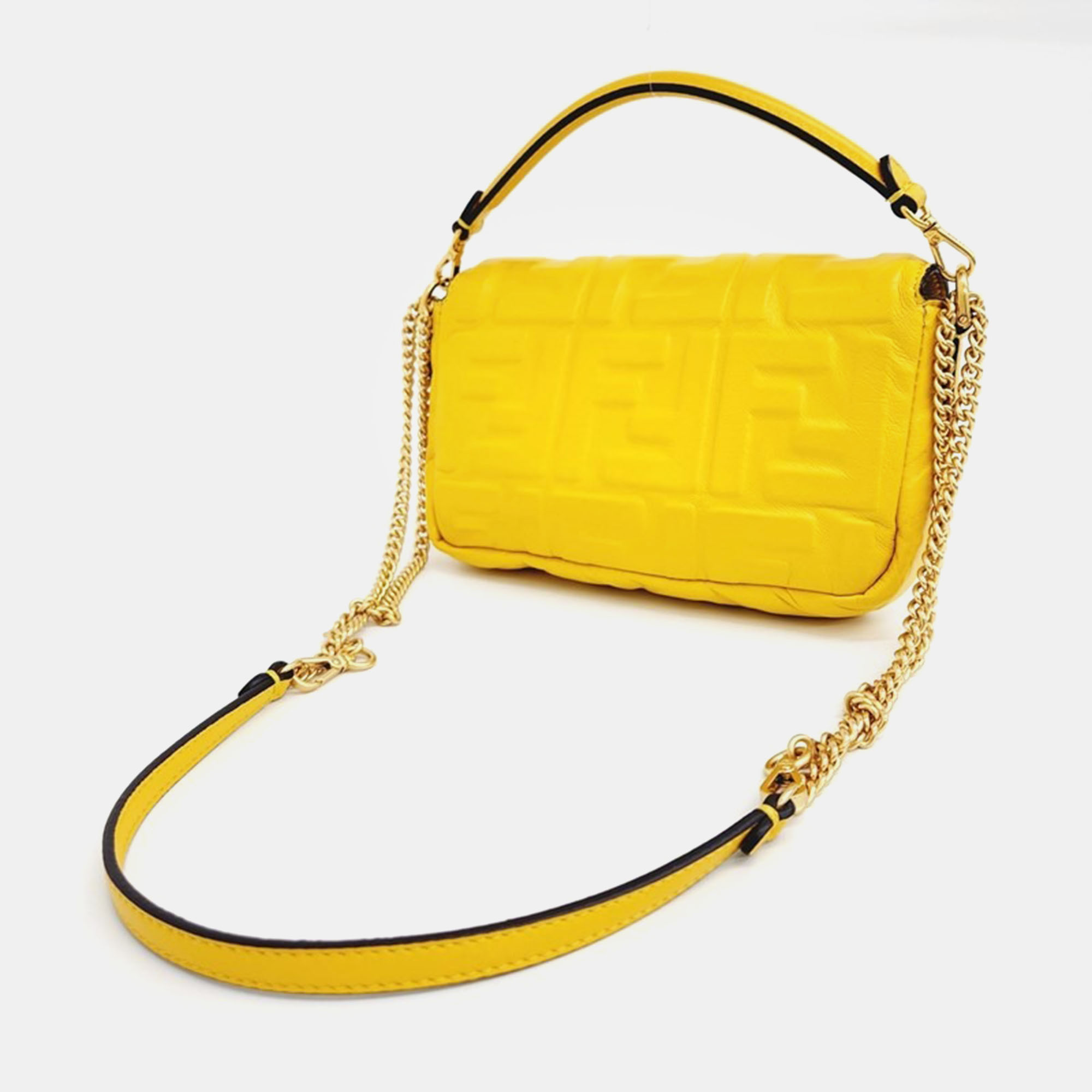 Fendi Yellow Zucca Embossed Leather Mini Baguette Bag