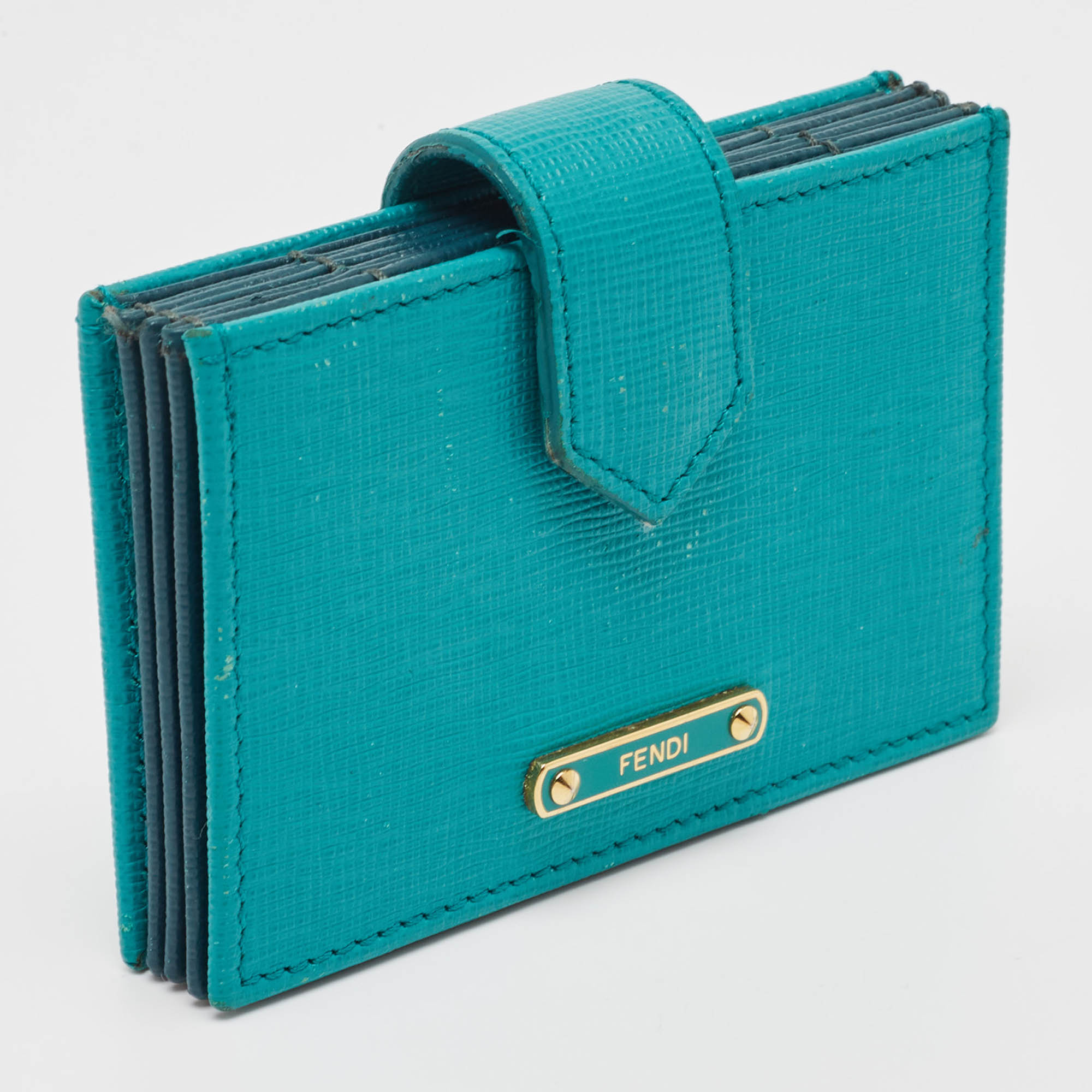 Fendi Green/Teal Leather Elite Accordion Card Holder