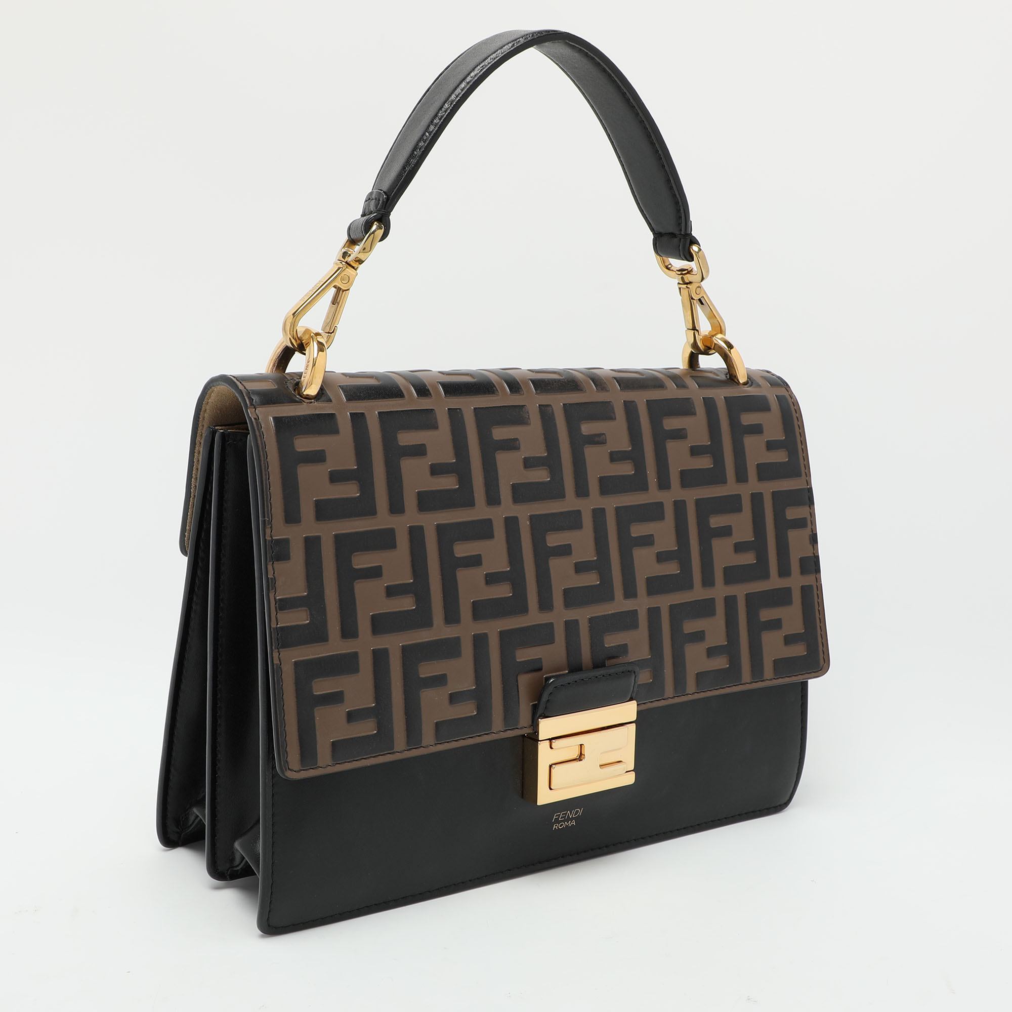 Fendi Black/Brown FF Embossed Leather Kan U Top Handle Bag