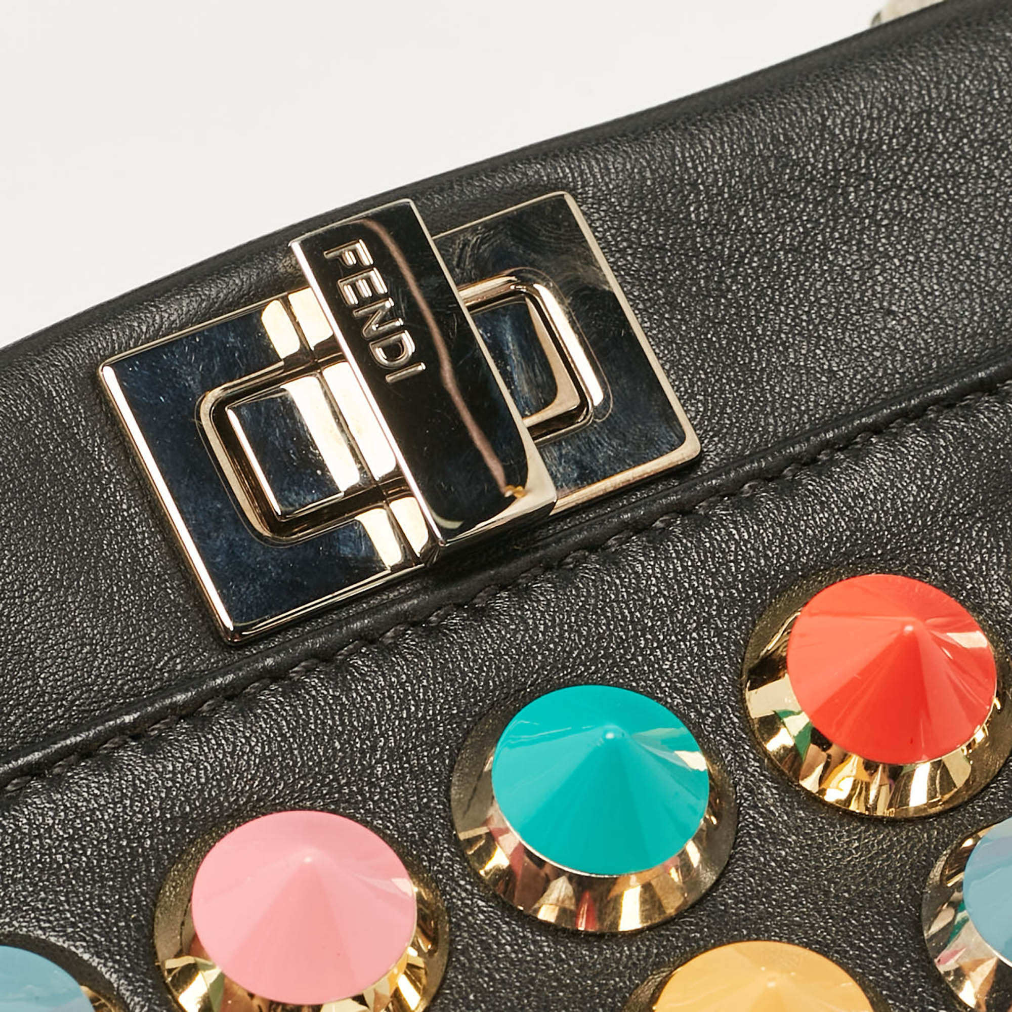 Fendi Black Leather Multicolor Studs Mini Peekaboo Top Handle Bag