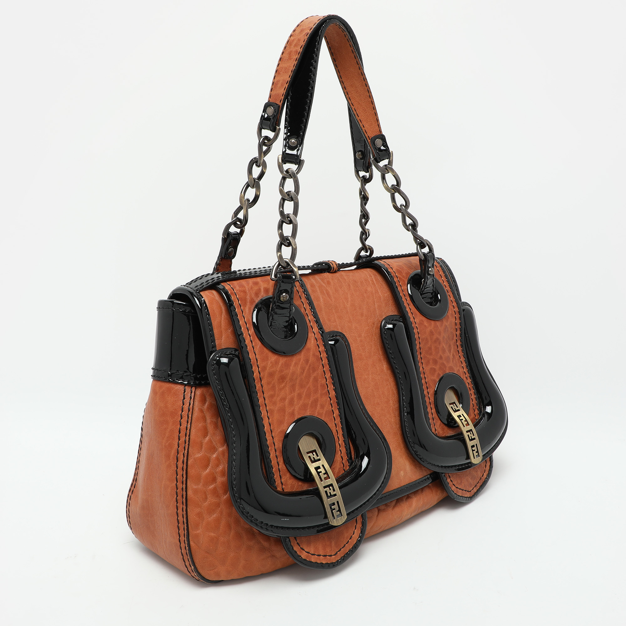 Fendi Black/Brown Patent And Leather B Shoulder Bag