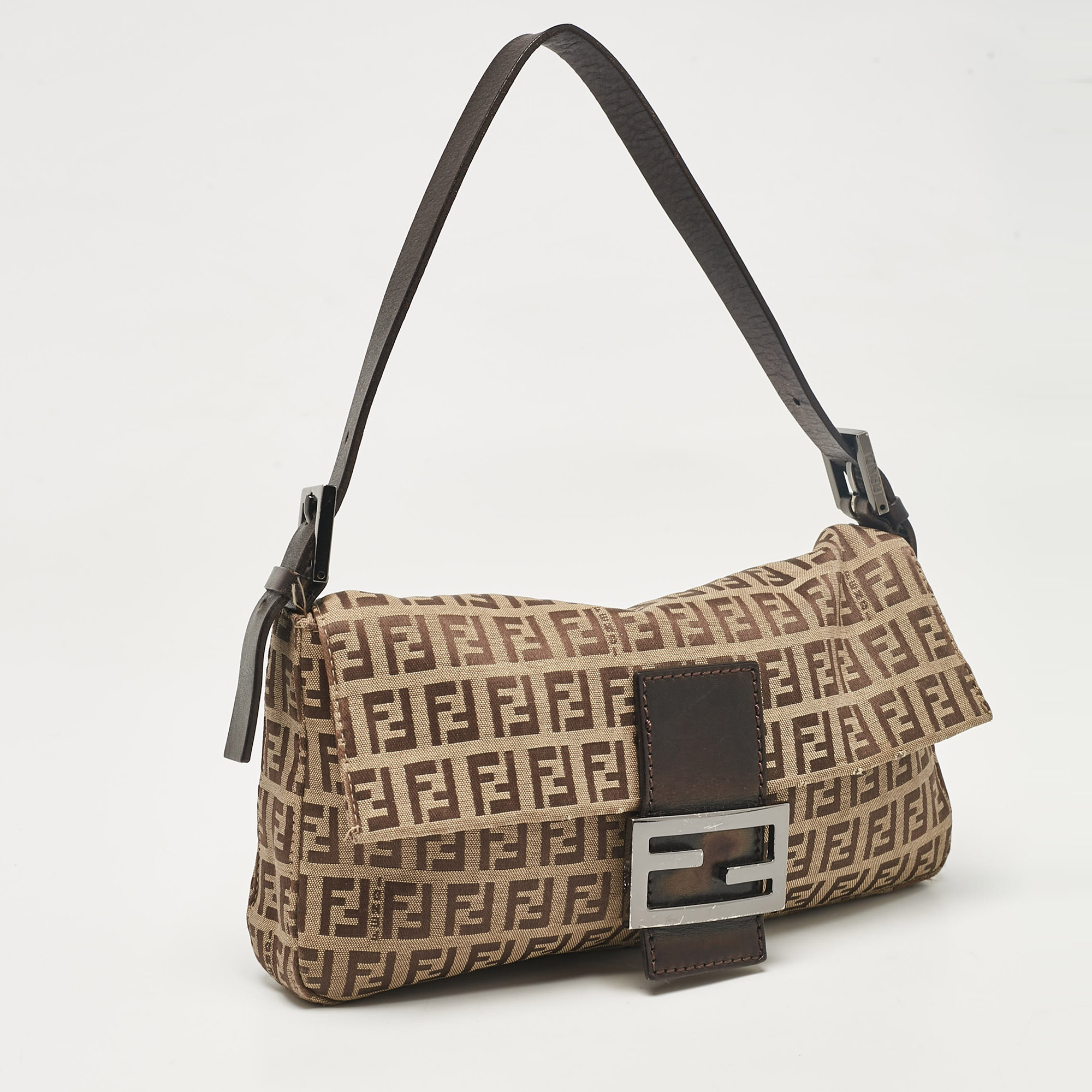 Fendi Beige/Brown Zucchino Fabric And Leather Baguette Bag