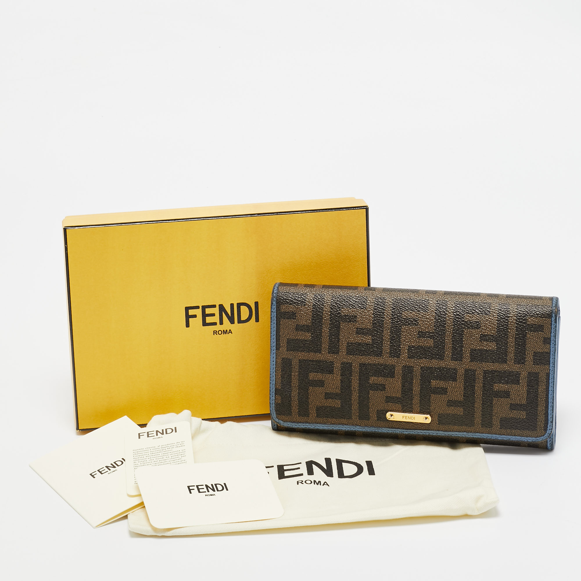 Fendi Brown/Blue Zucca Coated Canvas And Leather Flap Continental Wallet