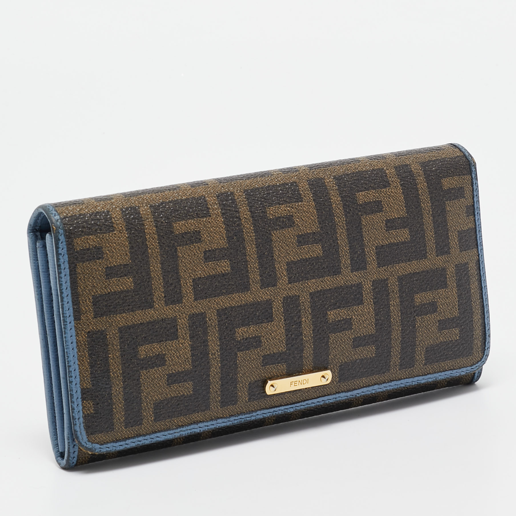 Fendi Brown/Blue Zucca Coated Canvas And Leather Flap Continental Wallet