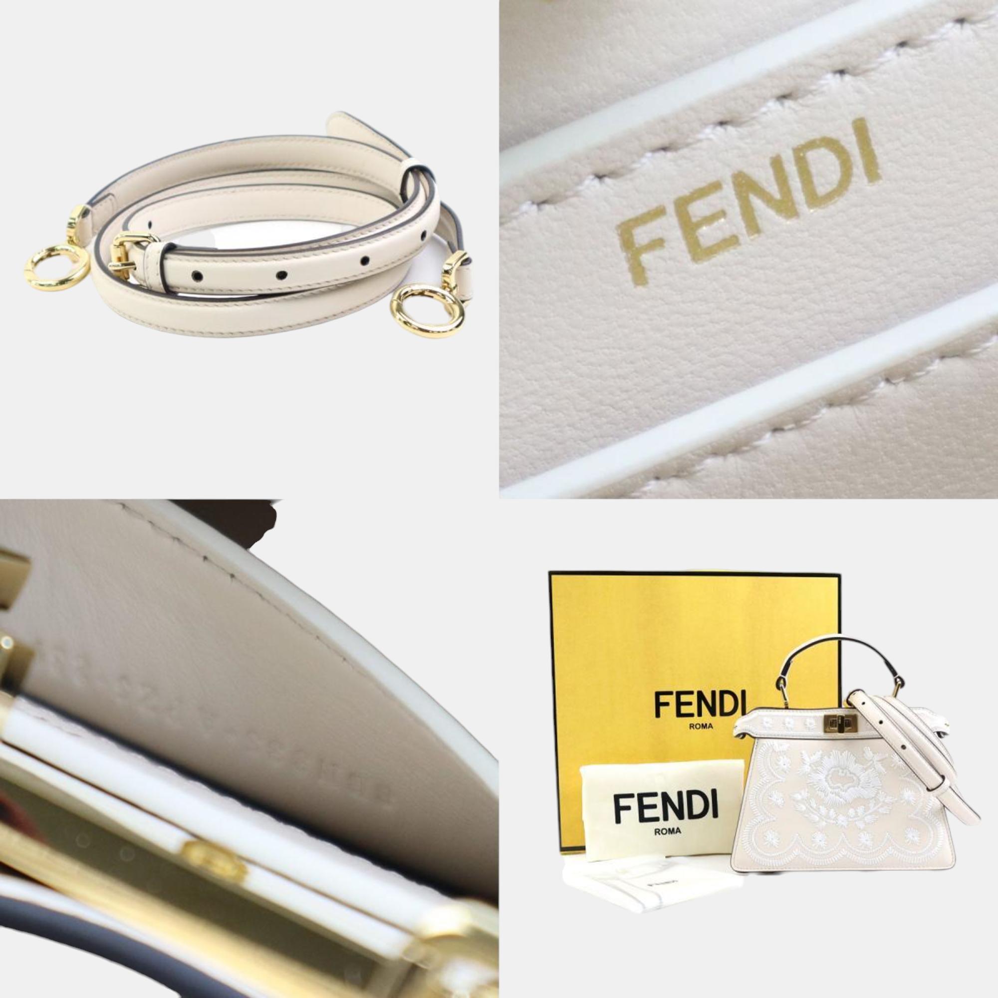 Fendi Light Beige/White Leather Floral Embroidery Peekaboo Crossbody Bag