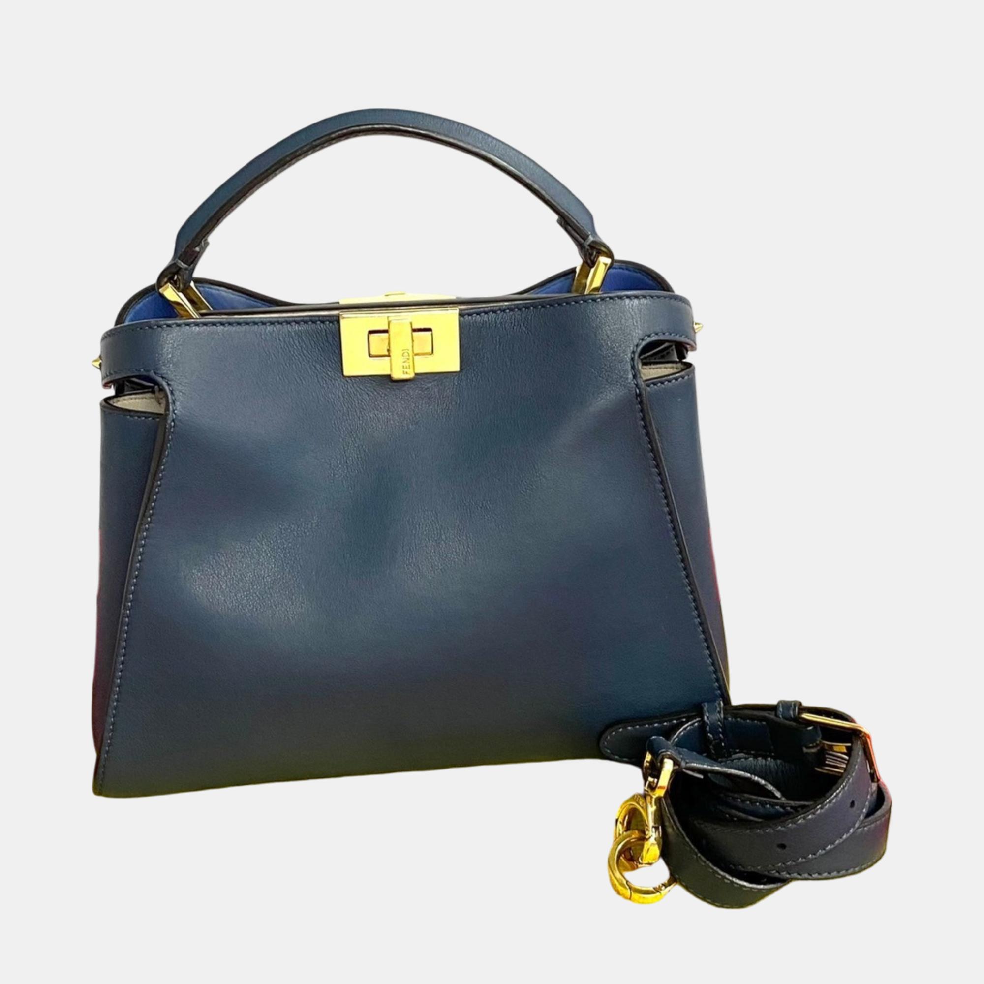 Fendi Navy Blue Peekaboo Leather Handbag