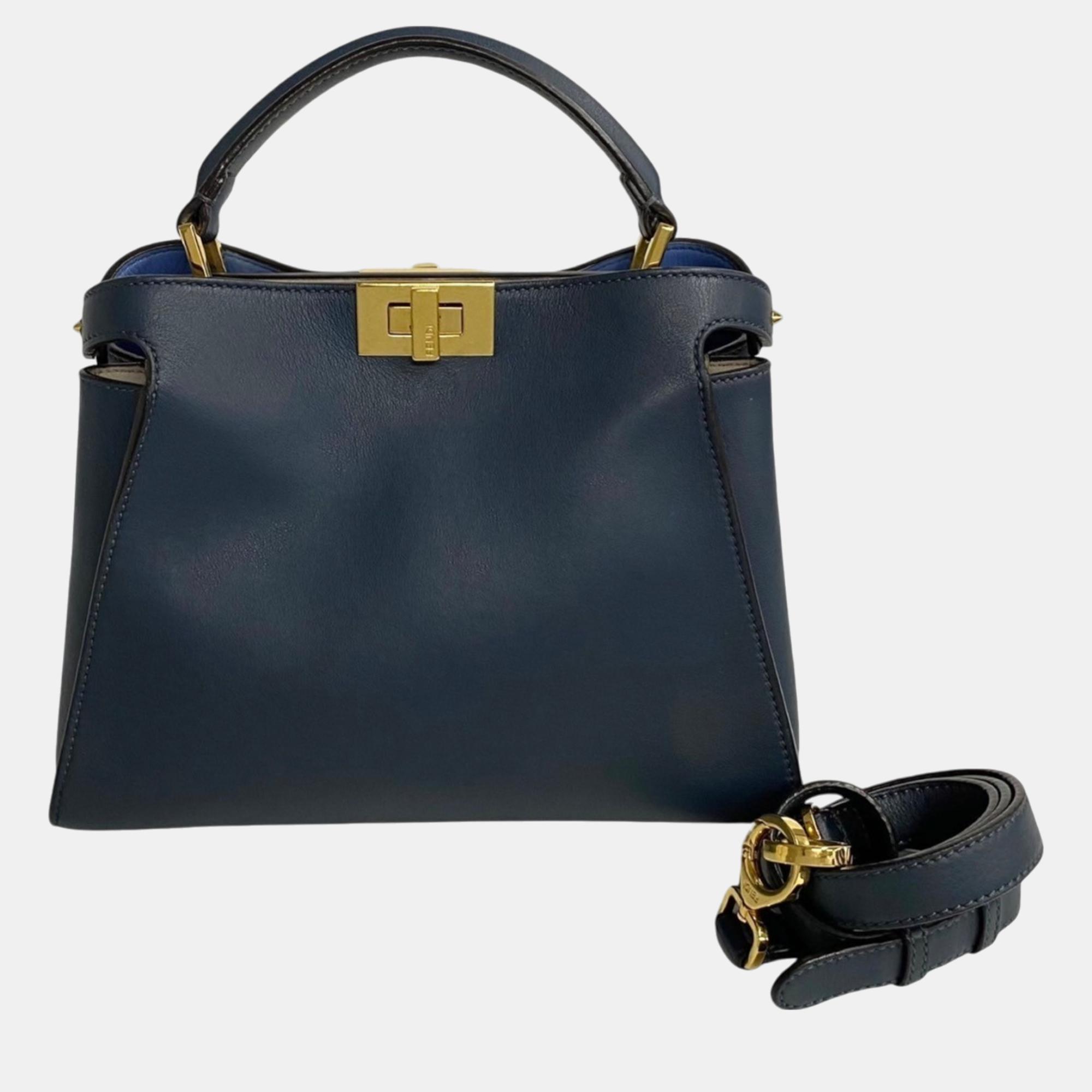 Fendi Navy Blue Peekaboo Leather Handbag