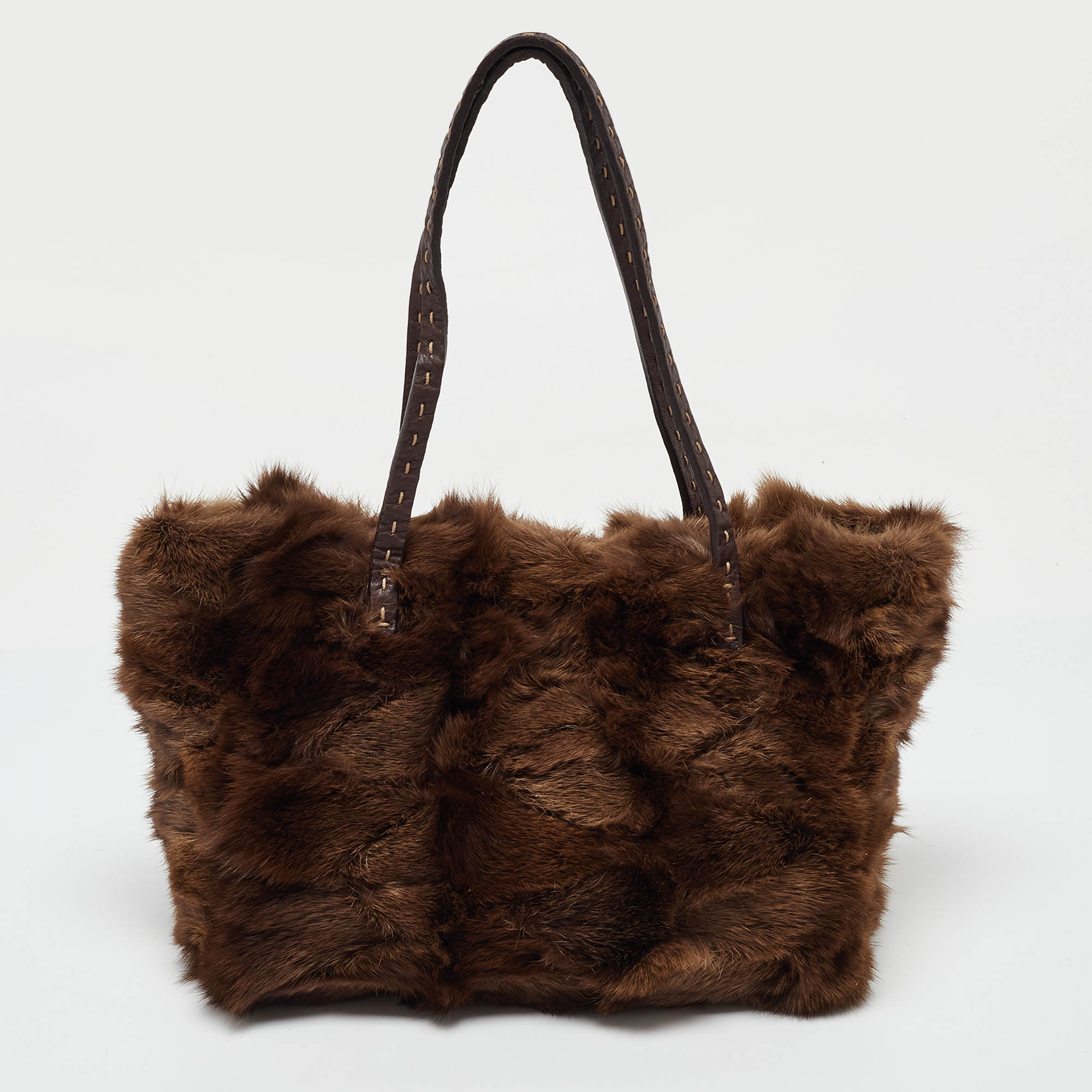 Fendi Brown Mink Fur And Leather Selleria Tote