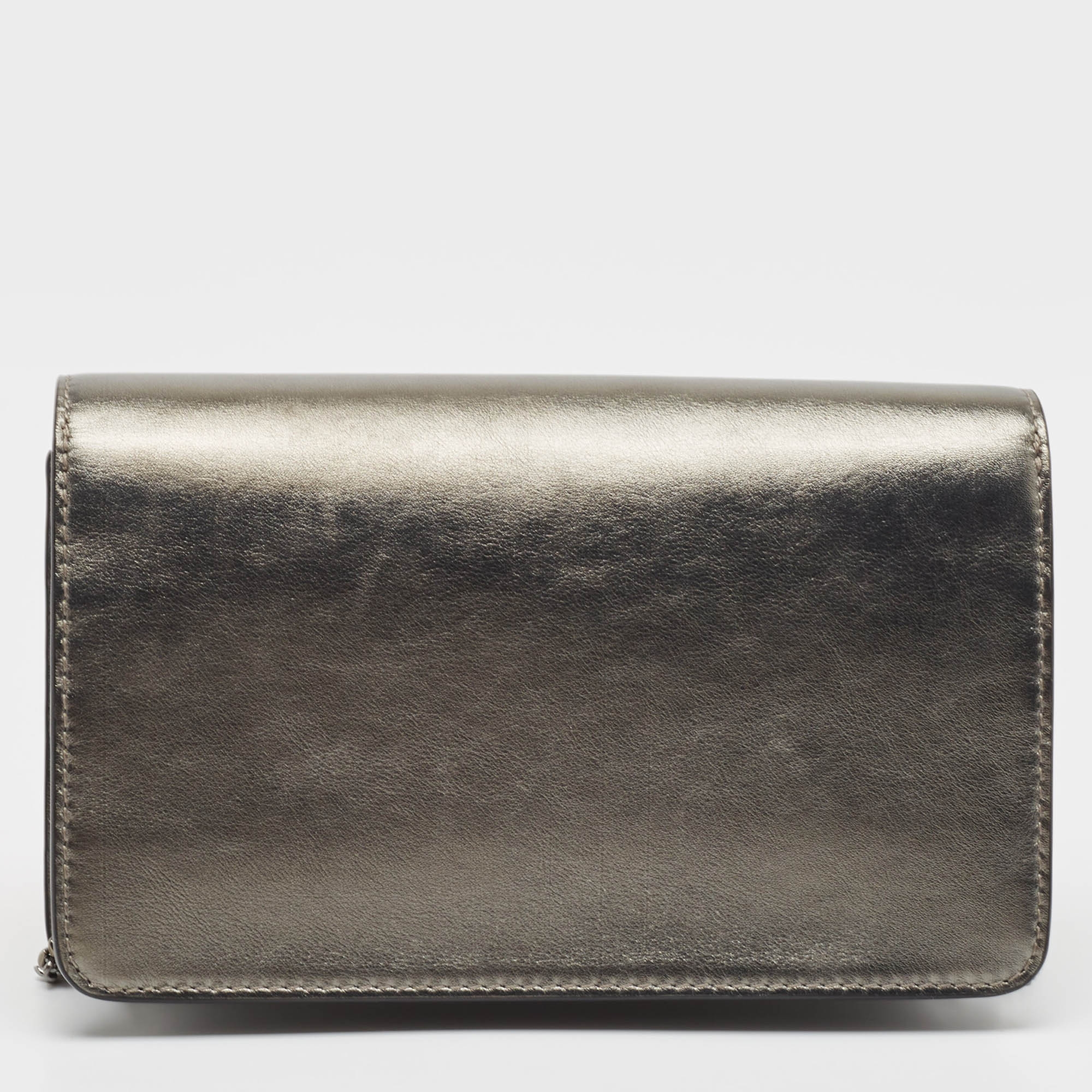 Fendi Metallic Dark Grey Leather Crystal Stud Tube Wallet On Chain