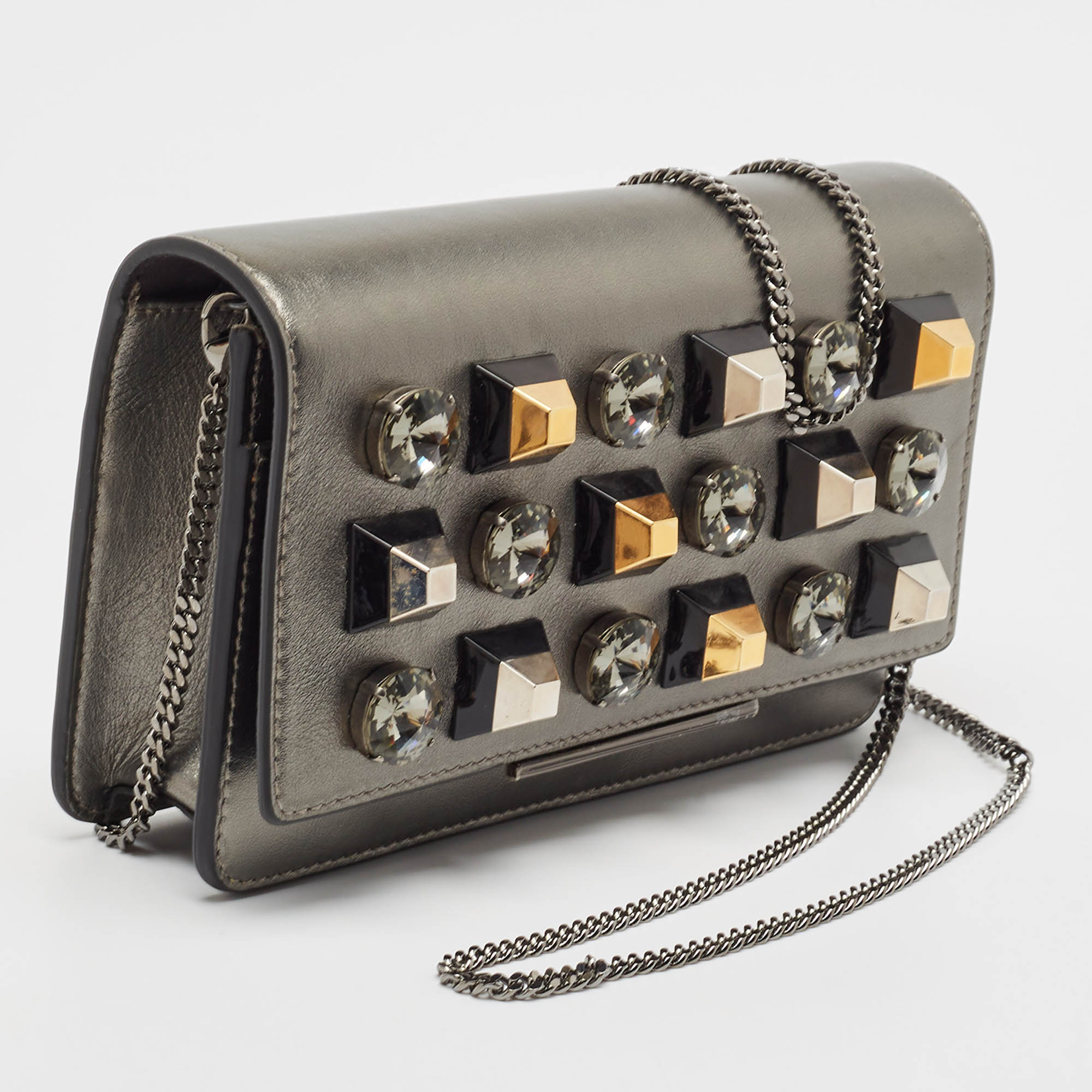 Fendi Metallic Dark Grey Leather Crystal Stud Tube Wallet On Chain