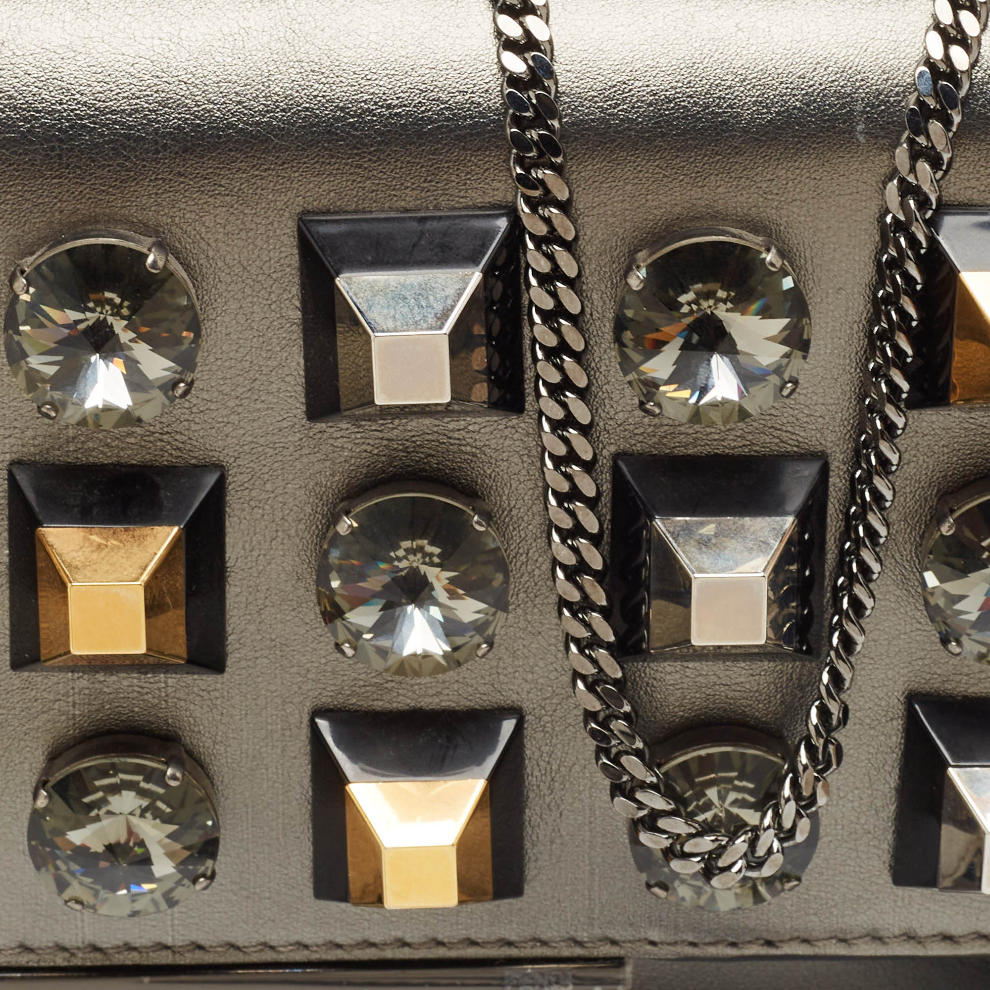 Fendi Metallic Dark Grey Leather Crystal Stud Tube Wallet On Chain