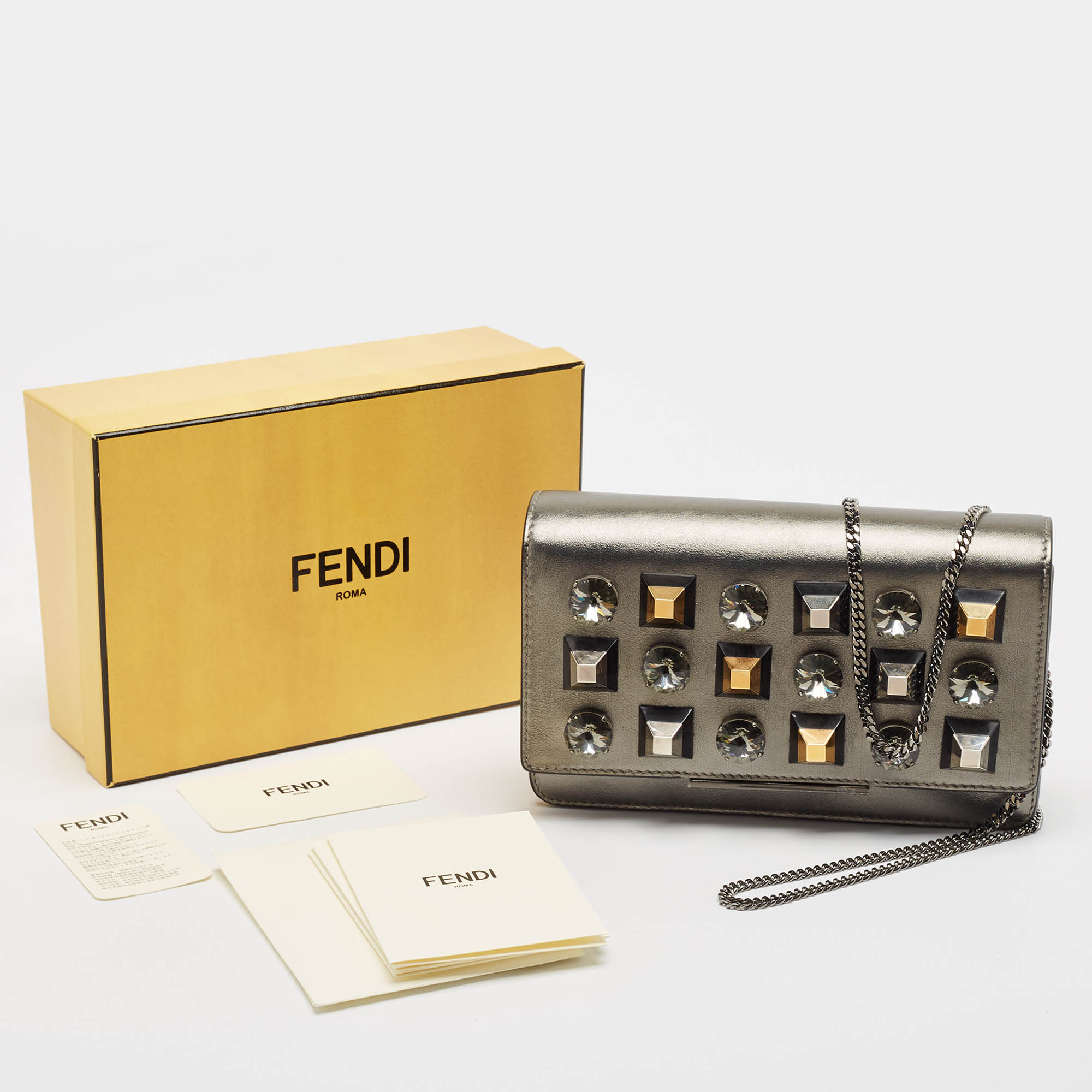 Fendi Metallic Dark Grey Leather Crystal Stud Tube Wallet On Chain