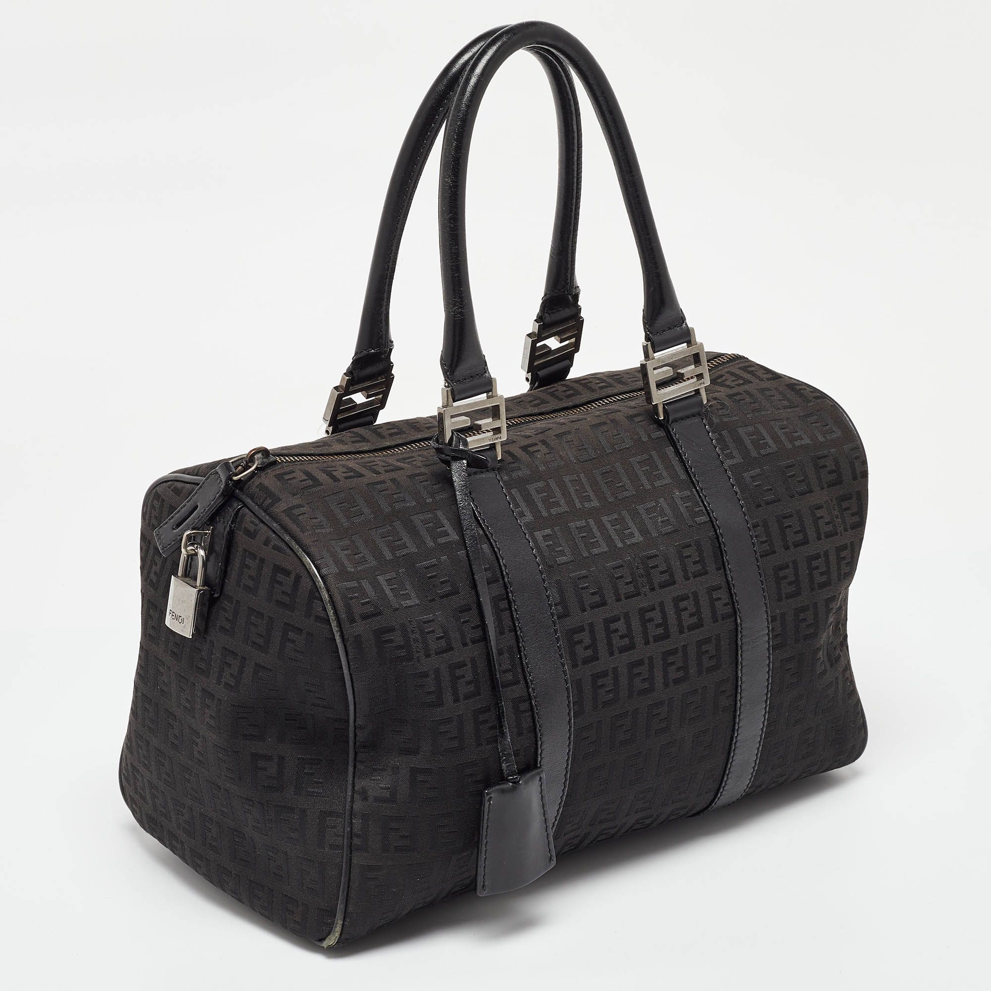 Fendi Black Zucchino Canvas And Leather Forever Bauletto Boston Bag