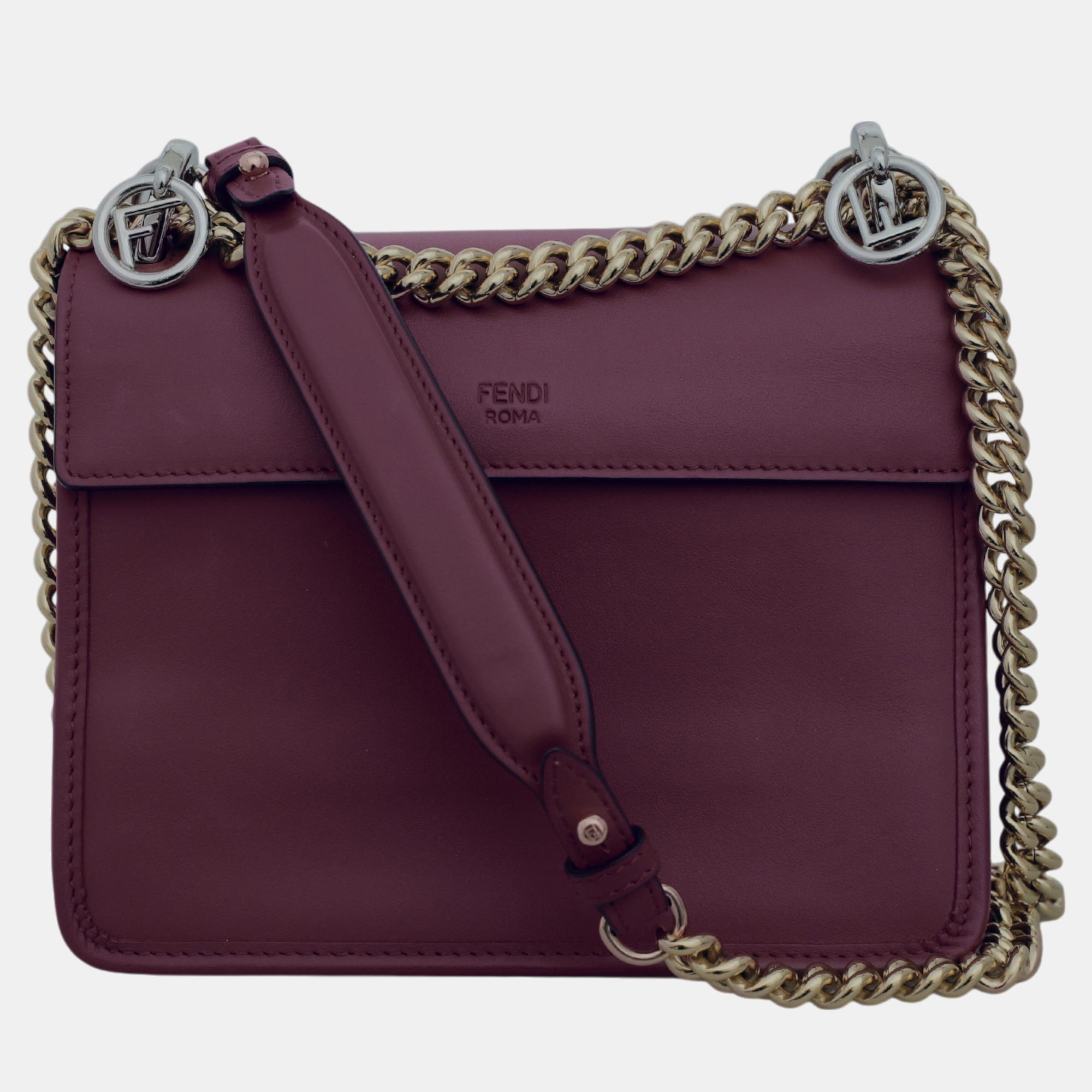 Fendi Maroon Leather Kan F Logo Chain Shoulder Bag