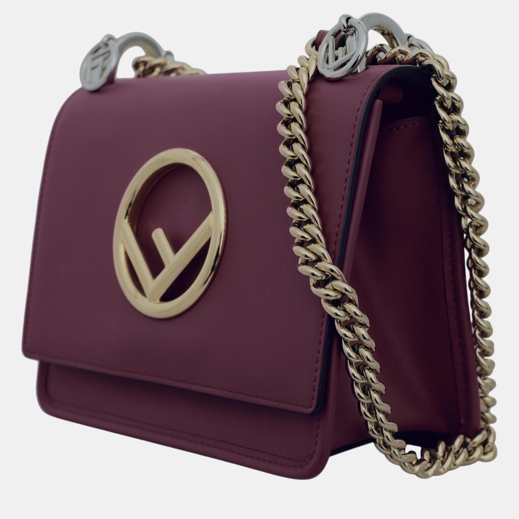 Fendi Maroon Leather Kan F Logo Chain Shoulder Bag