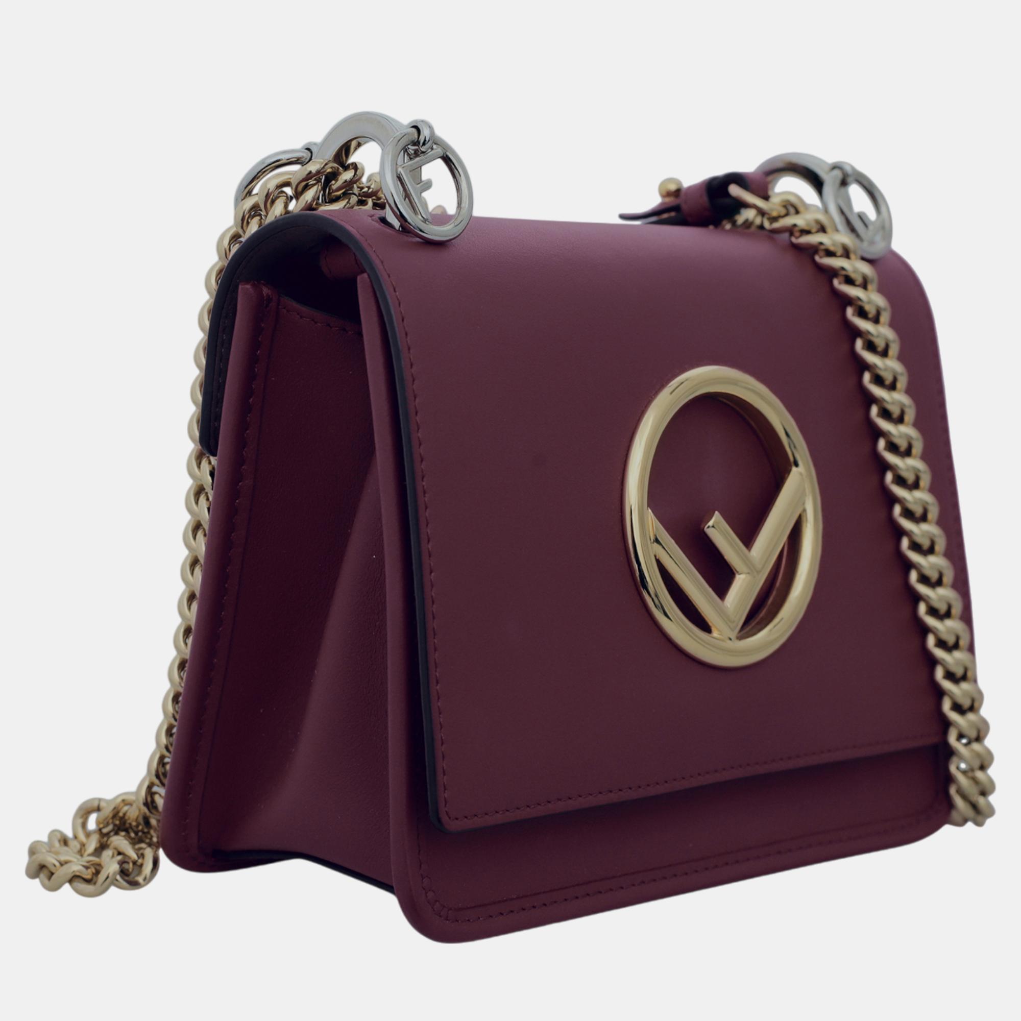 Fendi Maroon Leather Kan F Logo Chain Shoulder Bag