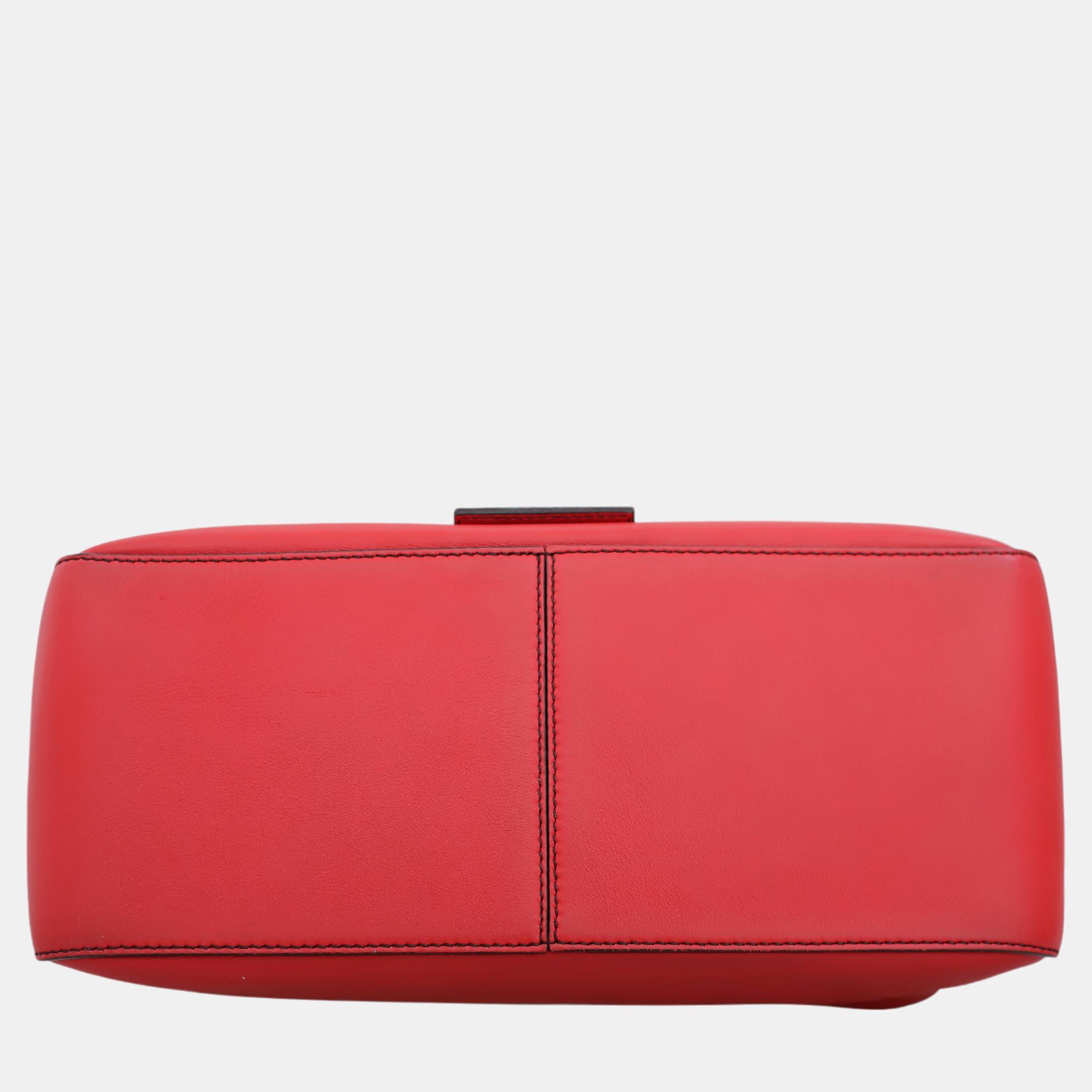 Fendi Red Leather Mamma Baguette Flap Shoulder Bag