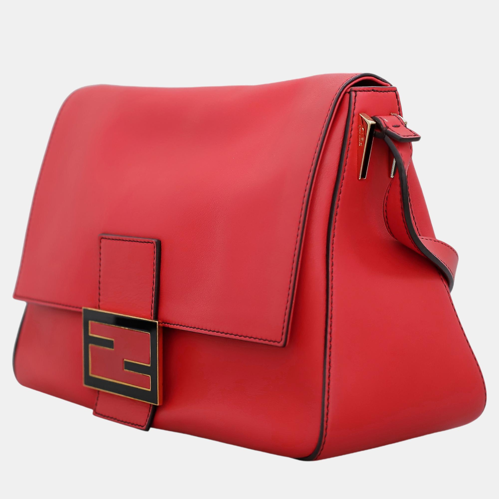 Fendi Red Leather Mamma Baguette Flap Shoulder Bag